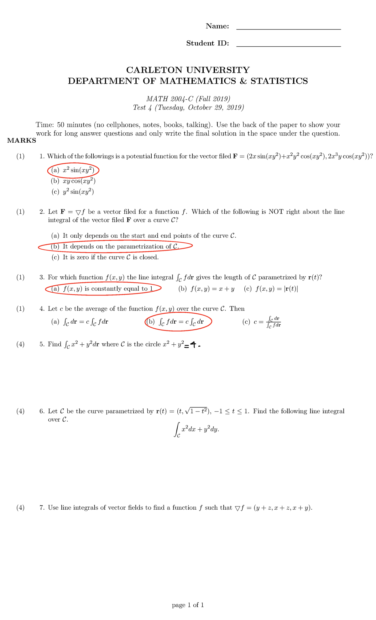 Test 25 October 2019, questions and answers - Name: Student ID ...