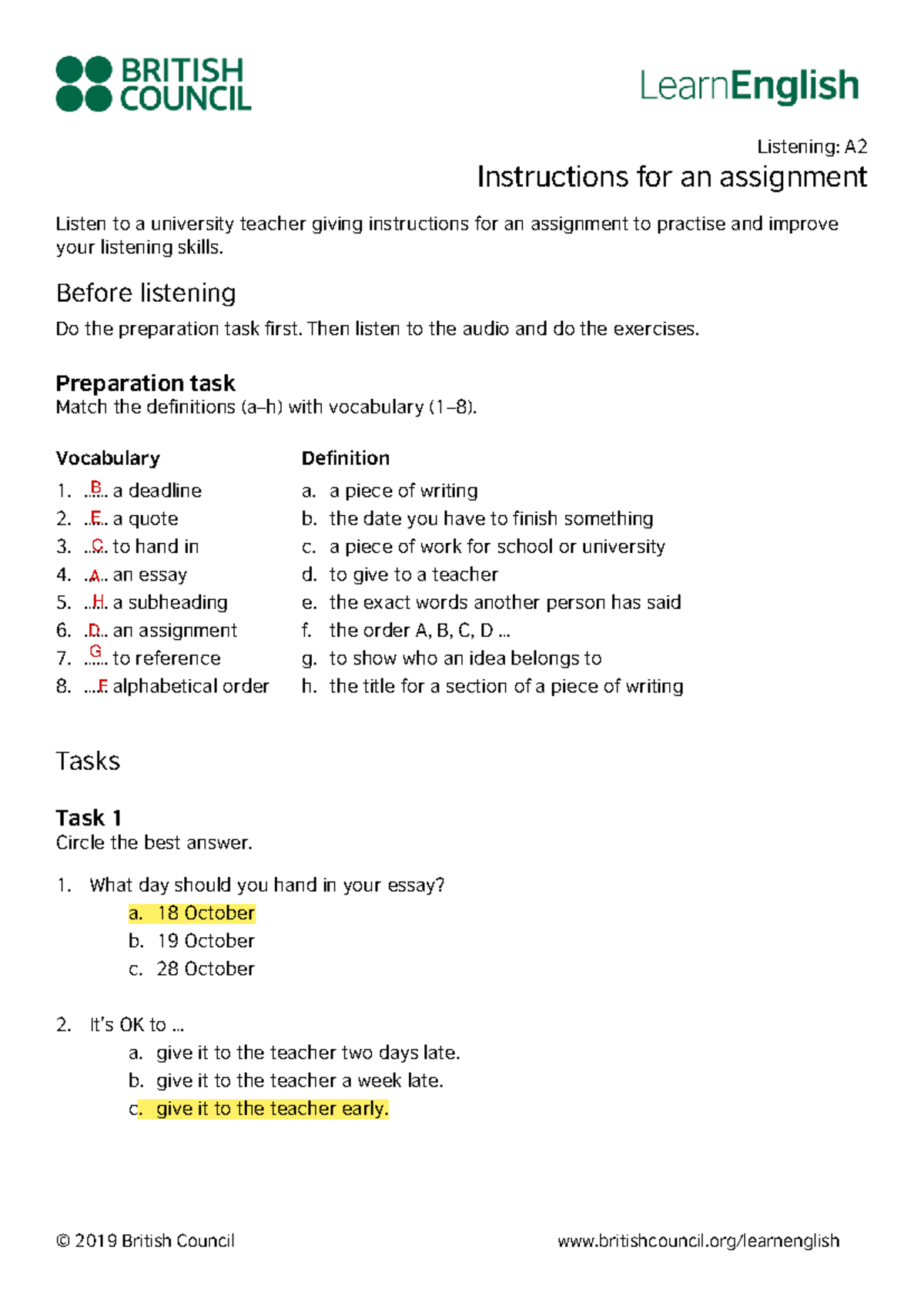 Ingles Clase 1 Actividad 2 - © 2019 British Council Britishcouncil 