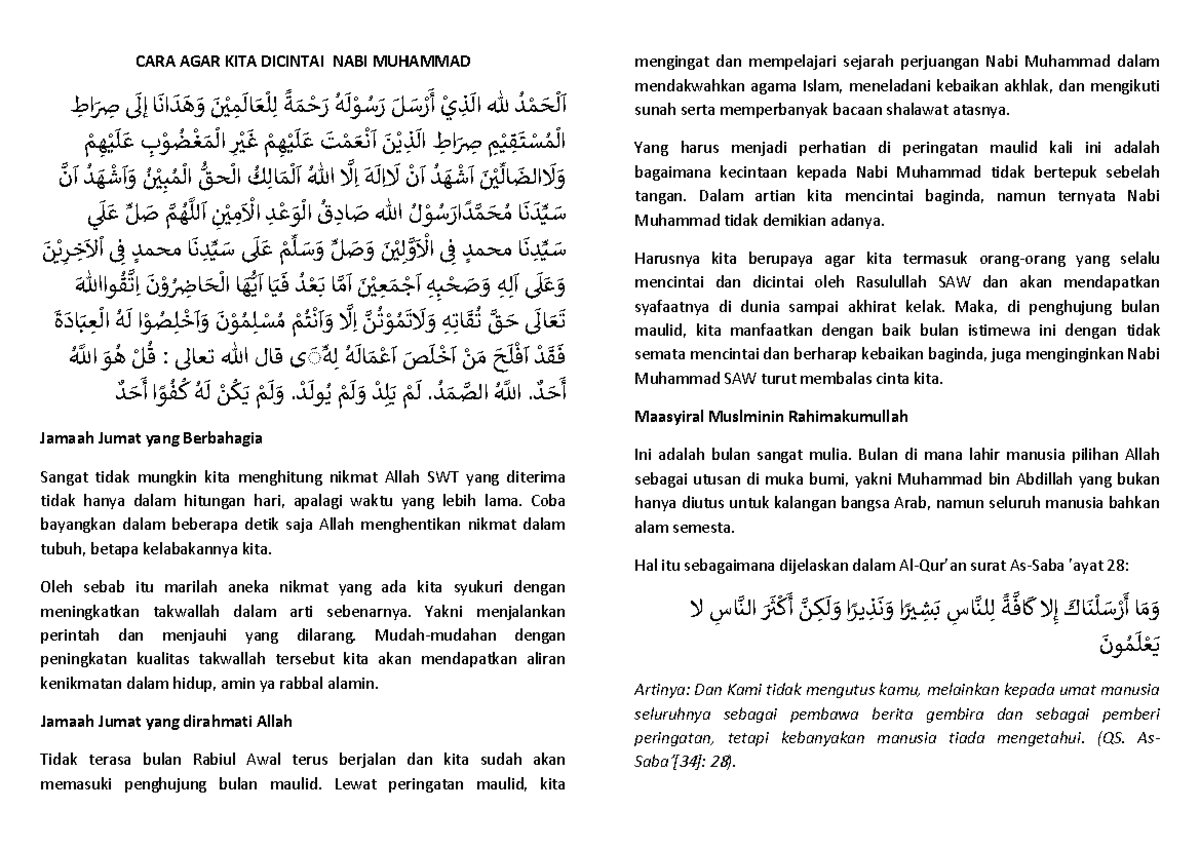 Khutbah Jum'at 13 Oktober 2023 - Kertas A Cara Agar Kita Dicintai Nabi 