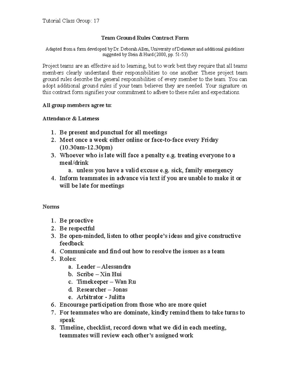 Team 1 - Ground Rules Contract Form - Tutorial Class Group: 17 Team ...