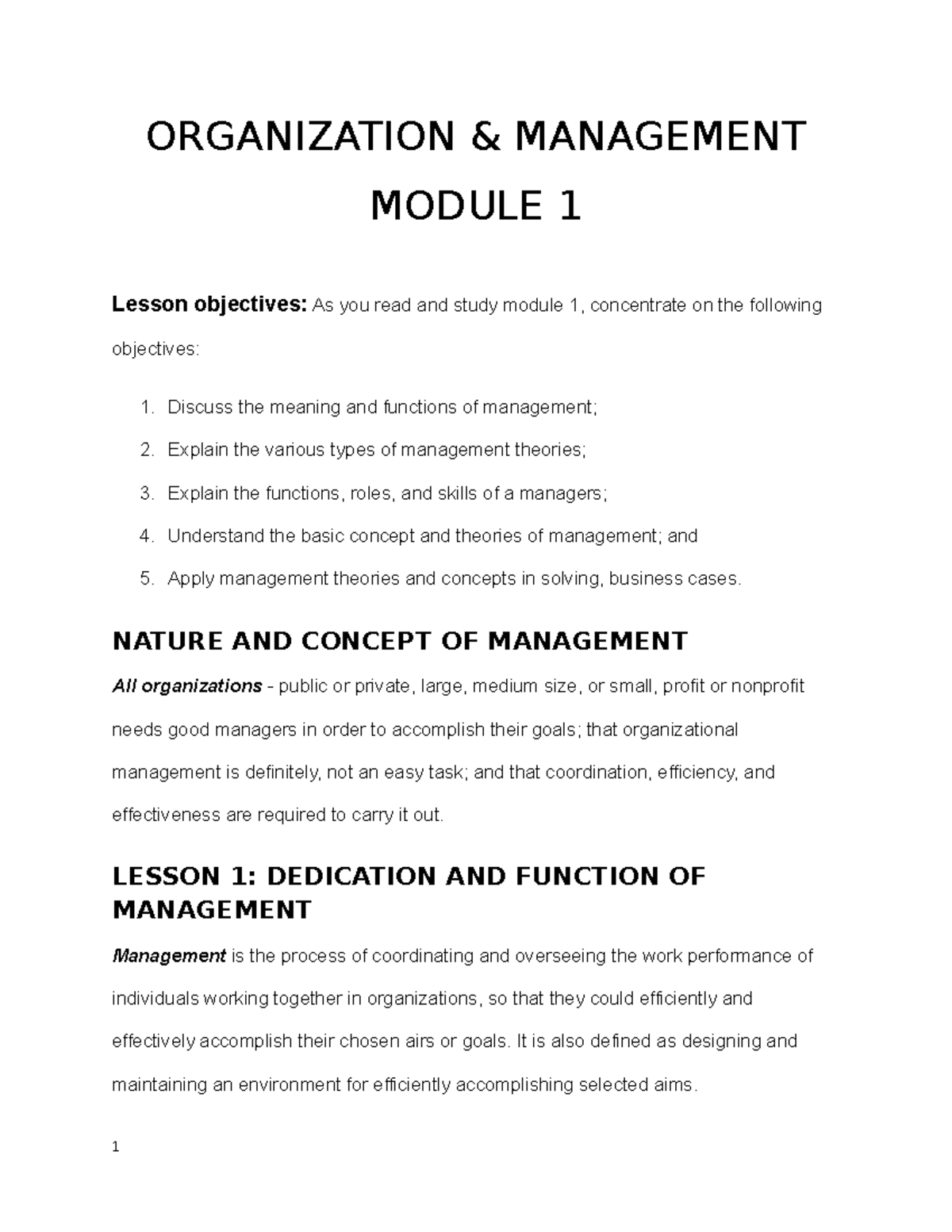 Organization & Management - ORGANIZATION & MANAGEMENT MODULE 1 Lesson ...