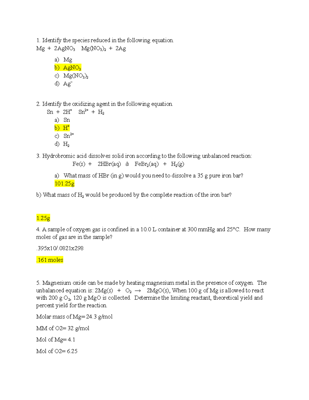 Studyguide exam 2 - Identify the species reduced in the following ...