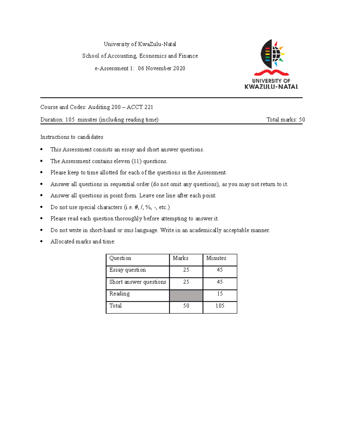 ACCT221 e-Assessment 1 2021 first assessment - University of KwaZulu ...