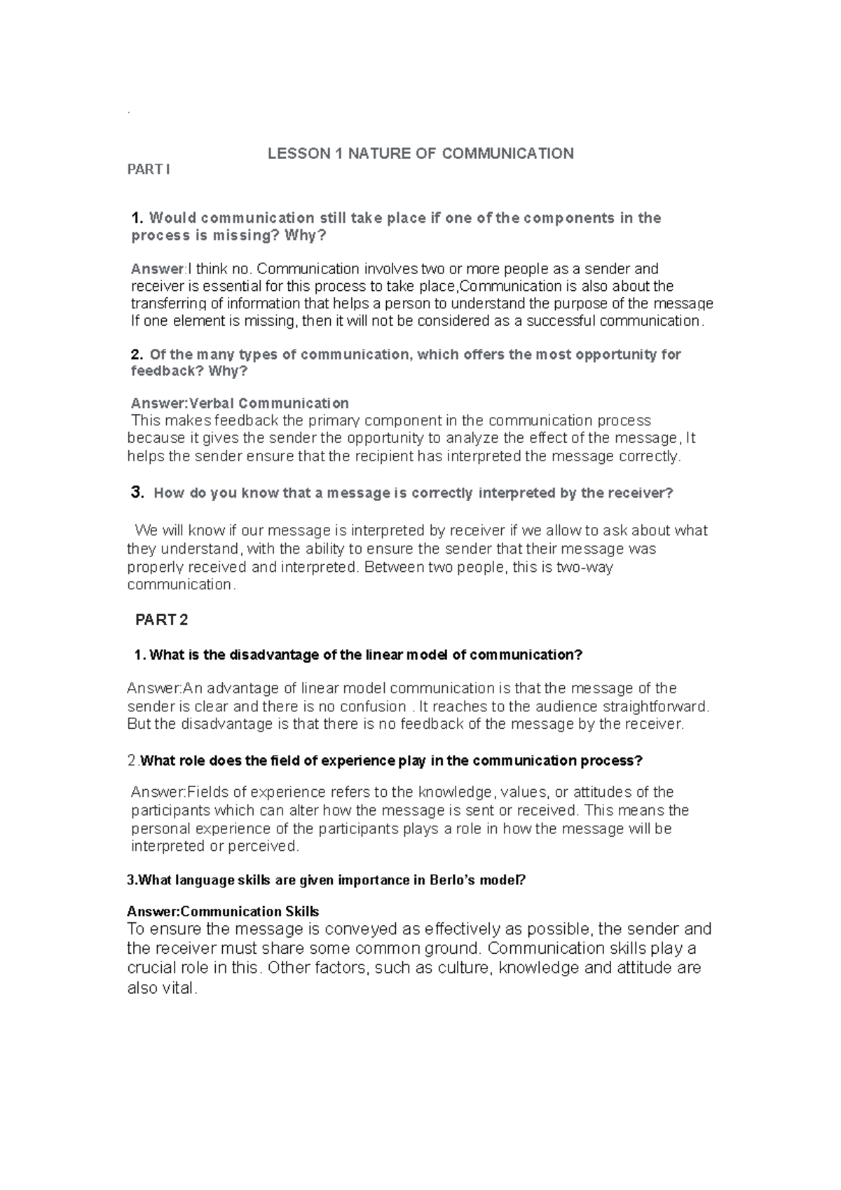Nature OF Communication PART 1 AND PART 2 Answer - . LESSON 1 NATURE OF ...
