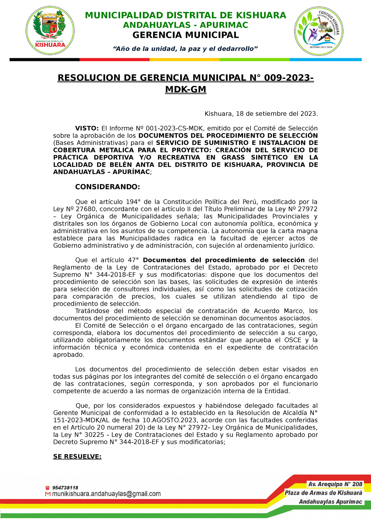 Res Basess - NECESARIO - RESOLUCION DE GERENCIA MUNICIPAL N° 009-2023 ...