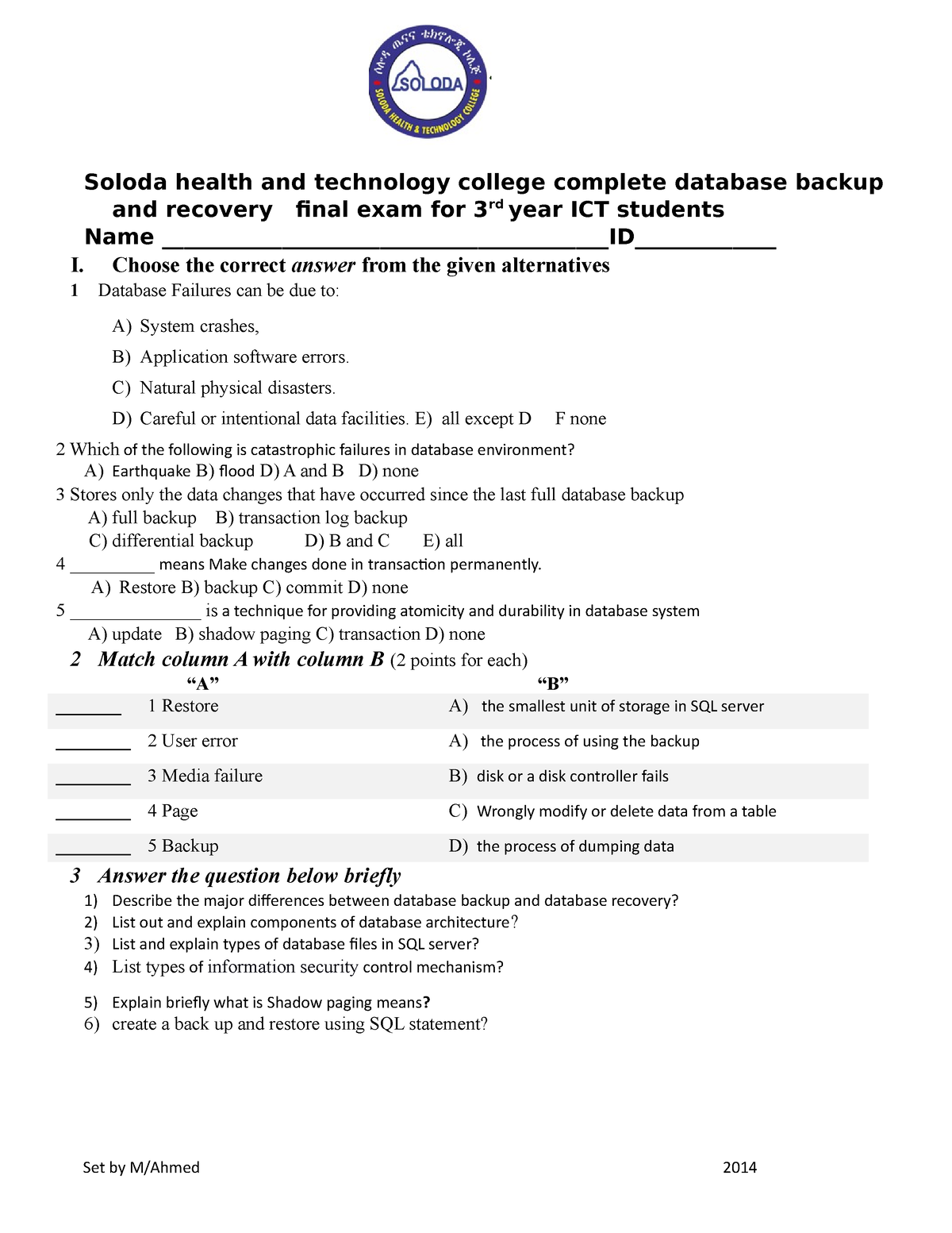 DB R AND B EXAM - For Collage Student - Soloda Health And Technology ...