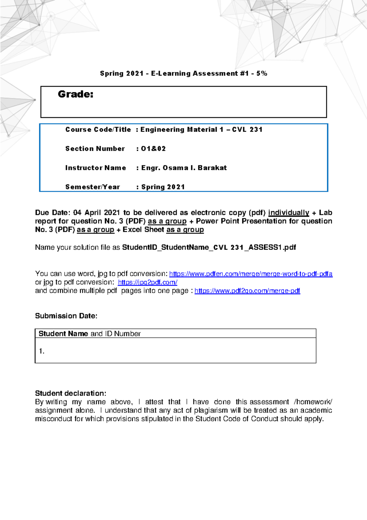 ELearning Assessment 1 CVL 231 Spring 2021 ELearning Assessment 1 5 Grade Course