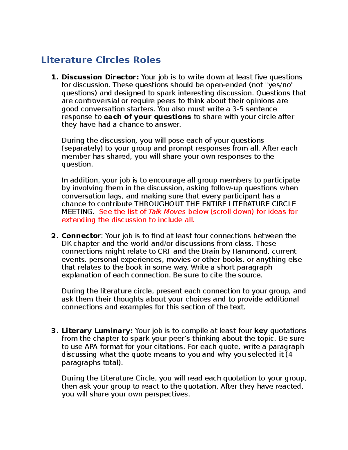 Lit Circle Roles Journal Literature Circles Roles Discussion