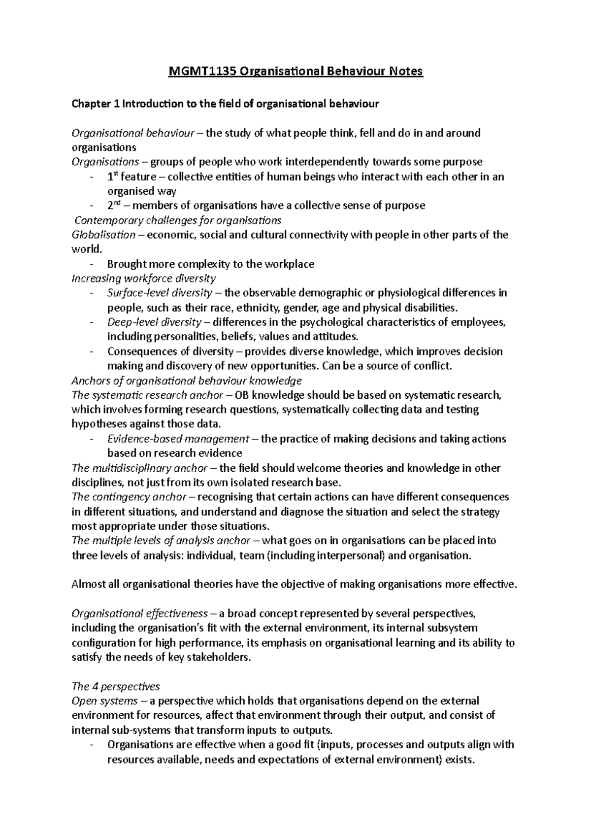 MGMT1135 Organisational Behaviour Comprehensive Notes Chapter 1-6 ...