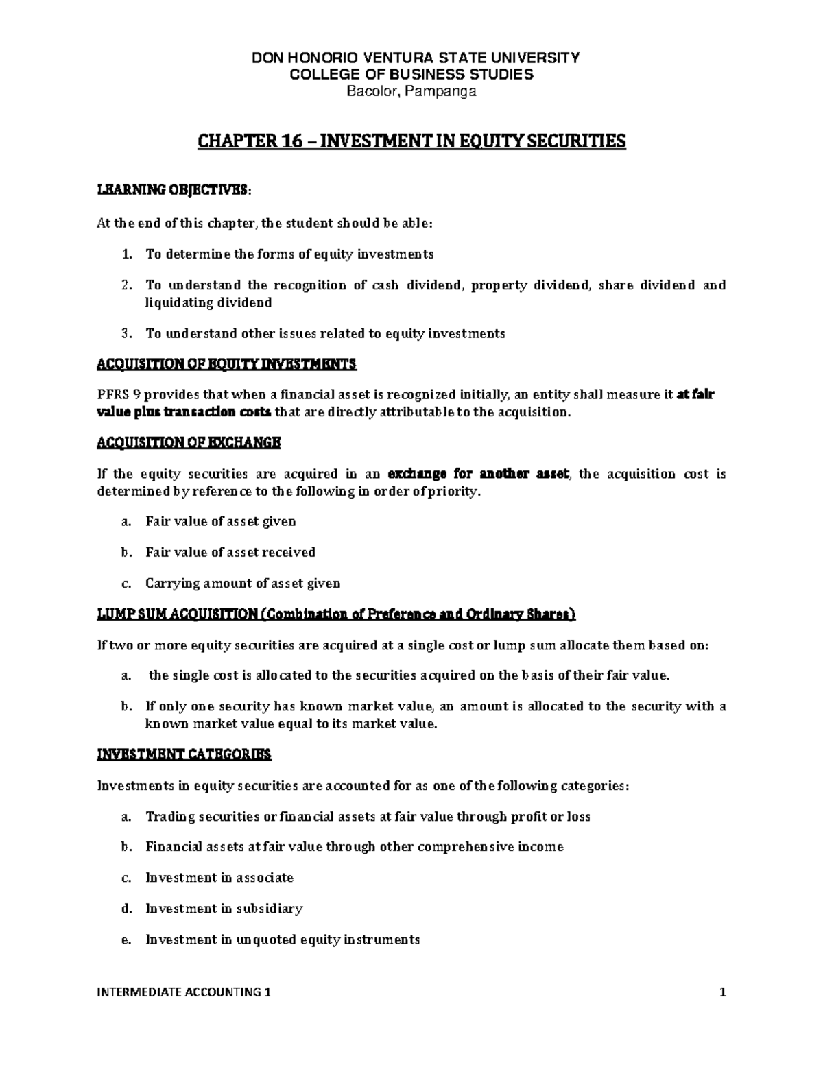 Investment in Equity Securities - COLLEGE OF BUSINESS STUDIES Bacolor ...