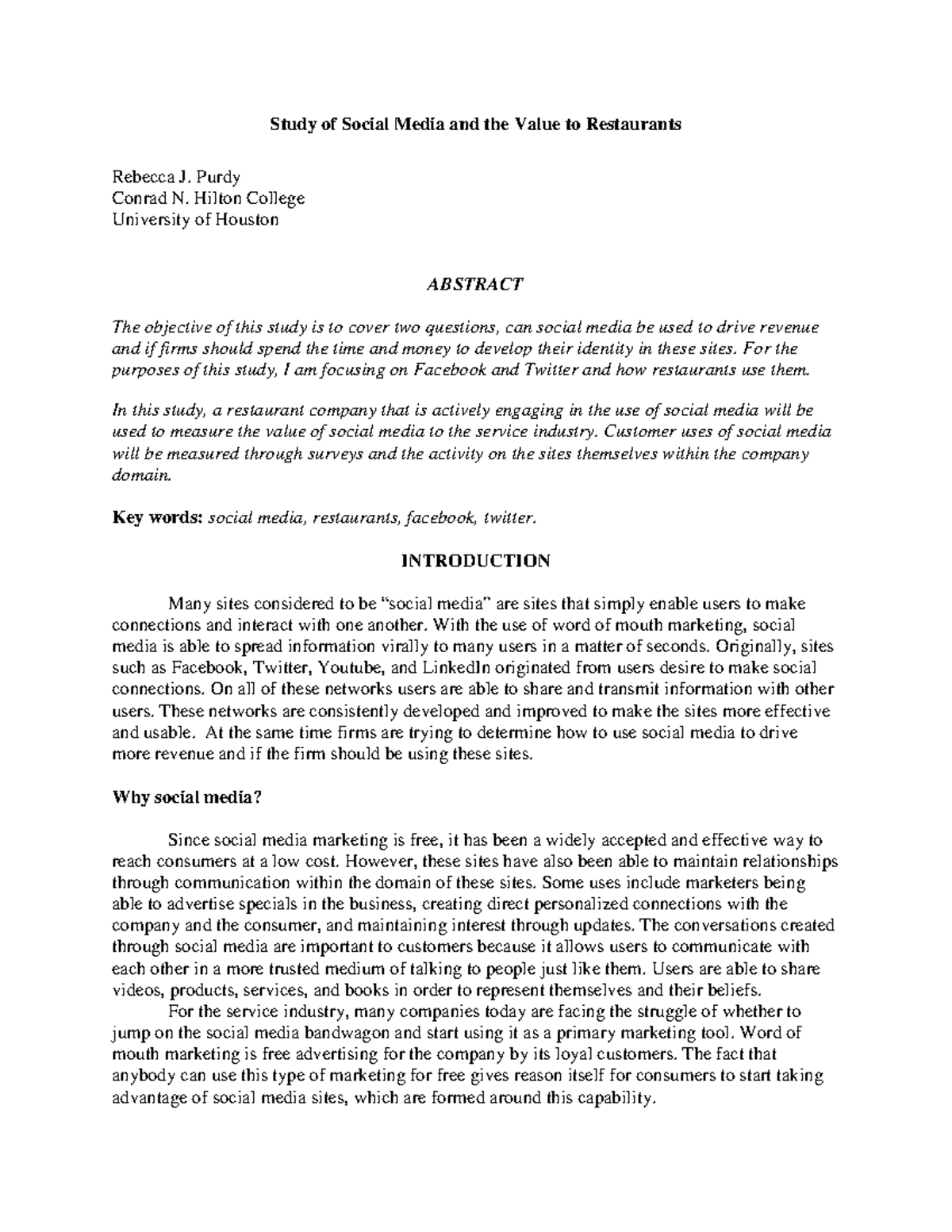 A Study of Social Media and its Value to Restaurants - Study of Social ...