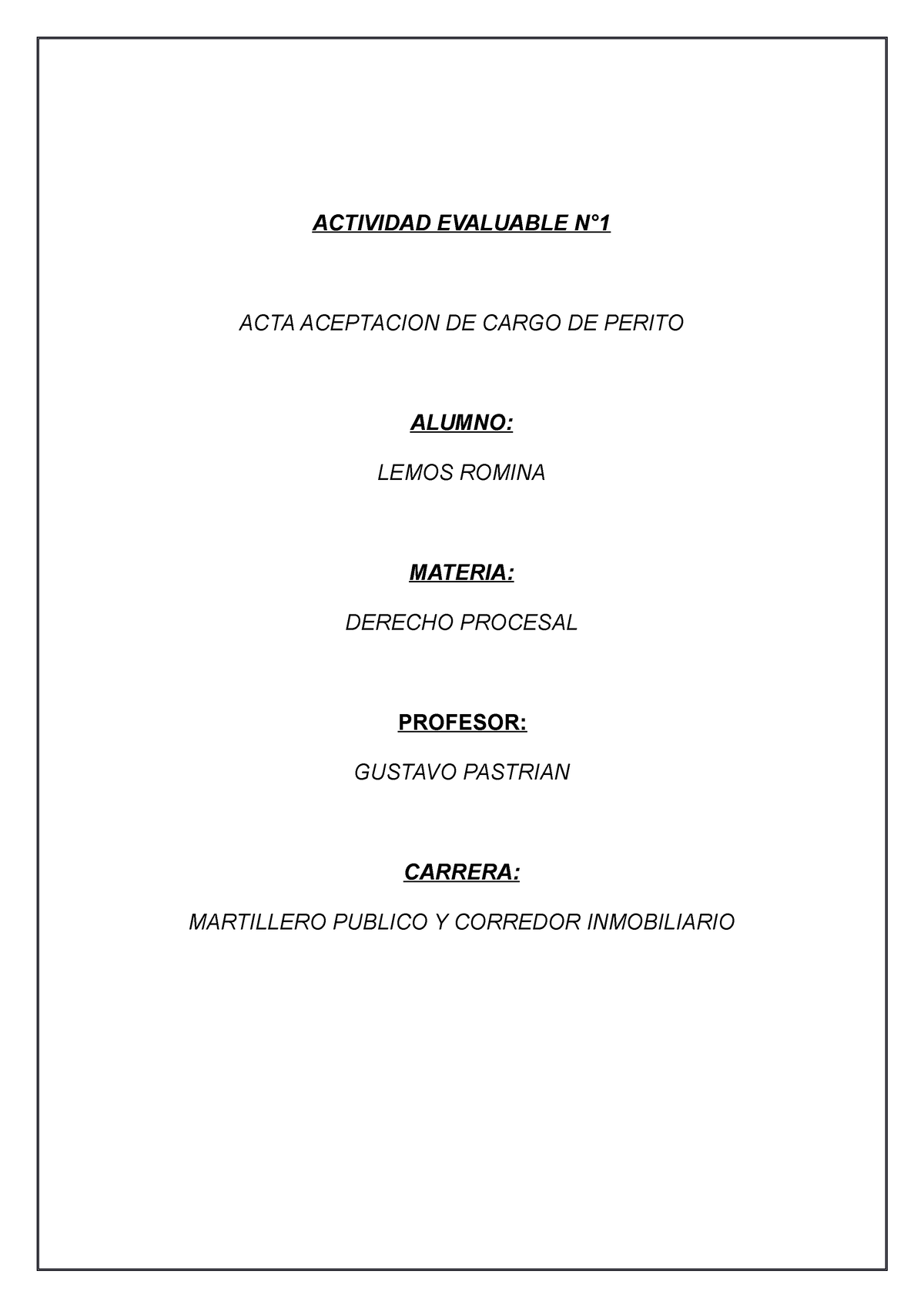 Act1 Acta Aceptación De Cargo Perito Actividad Evaluable N° Acta