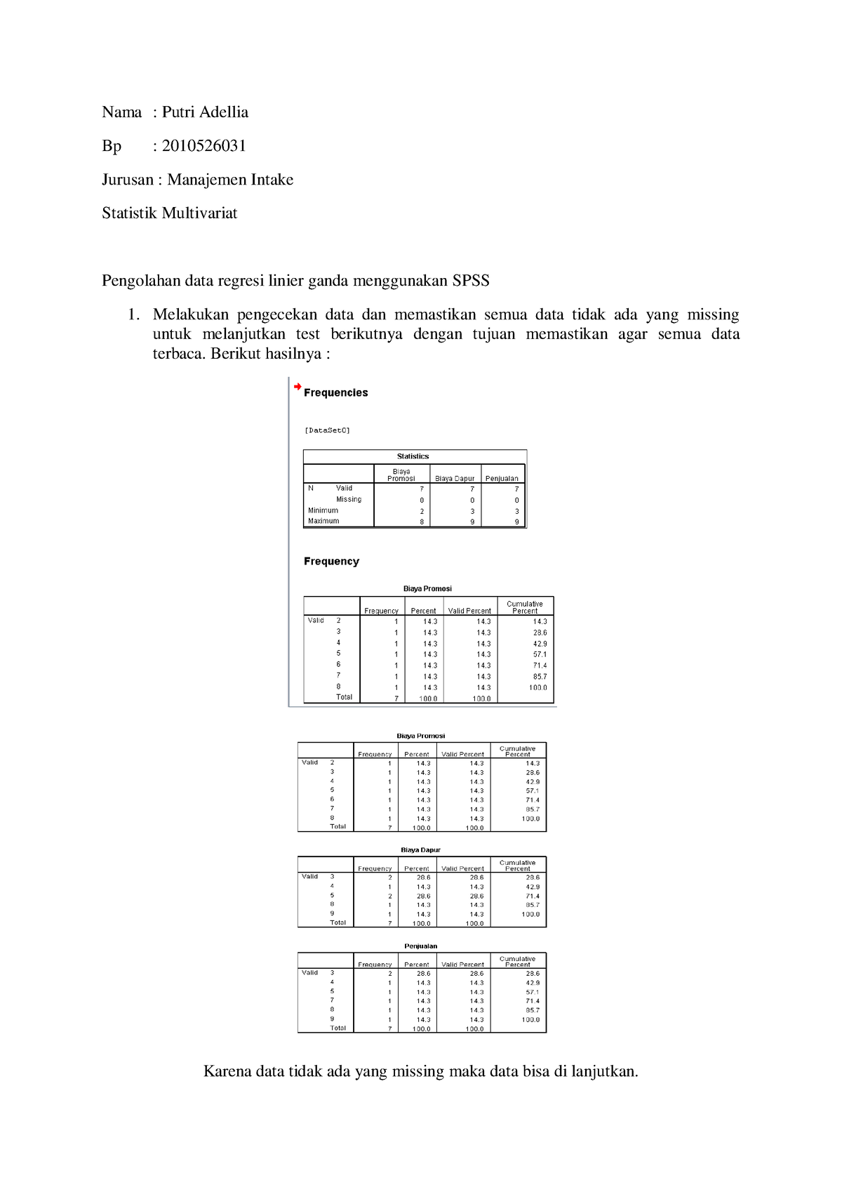 Pengolahan Data Menggunakan SPSS - Nama : Putri Adellia Bp : 2010526031 ...