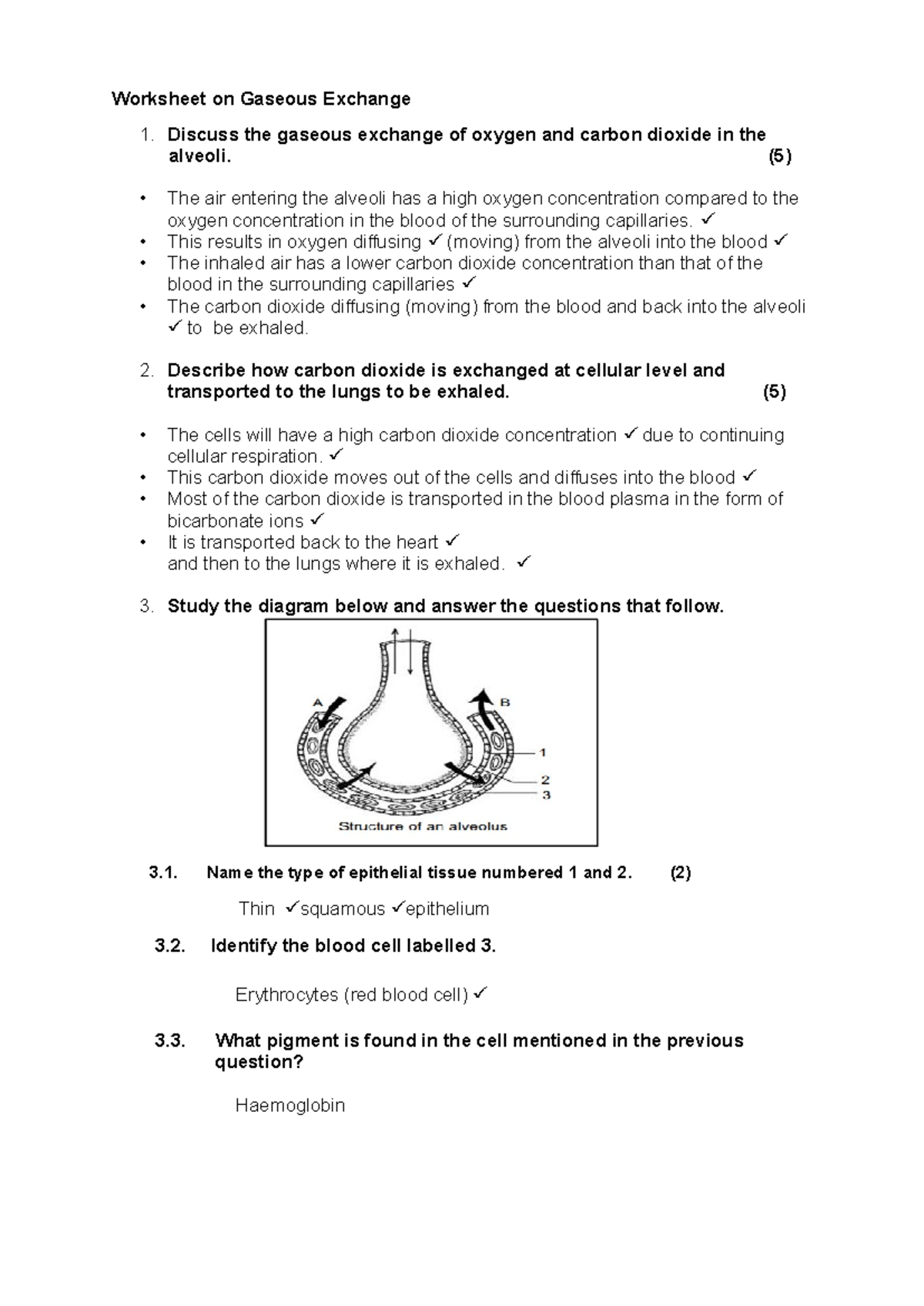 Worksheet on Gaseous Exchange - Discuss the gaseous exchange of oxygen and carbon dioxide in the ...