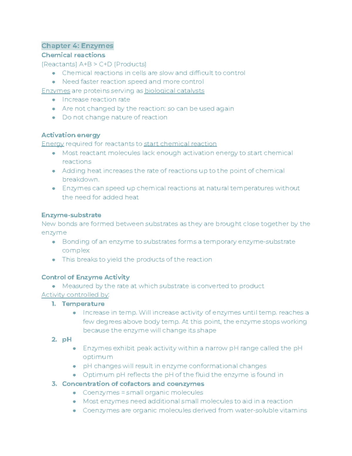 Chapter 4 Notes - Enzymes - Chapter 4: Enzymes Chemical Reactions 