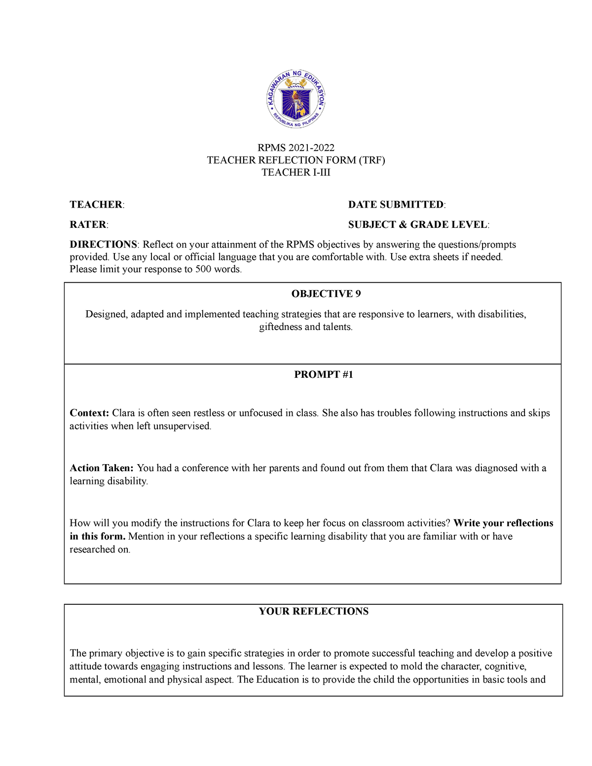 TRF-9-10 - TRF Lesson Plan - RPMS 2021- TEACHER REFLECTION FORM (TRF ...