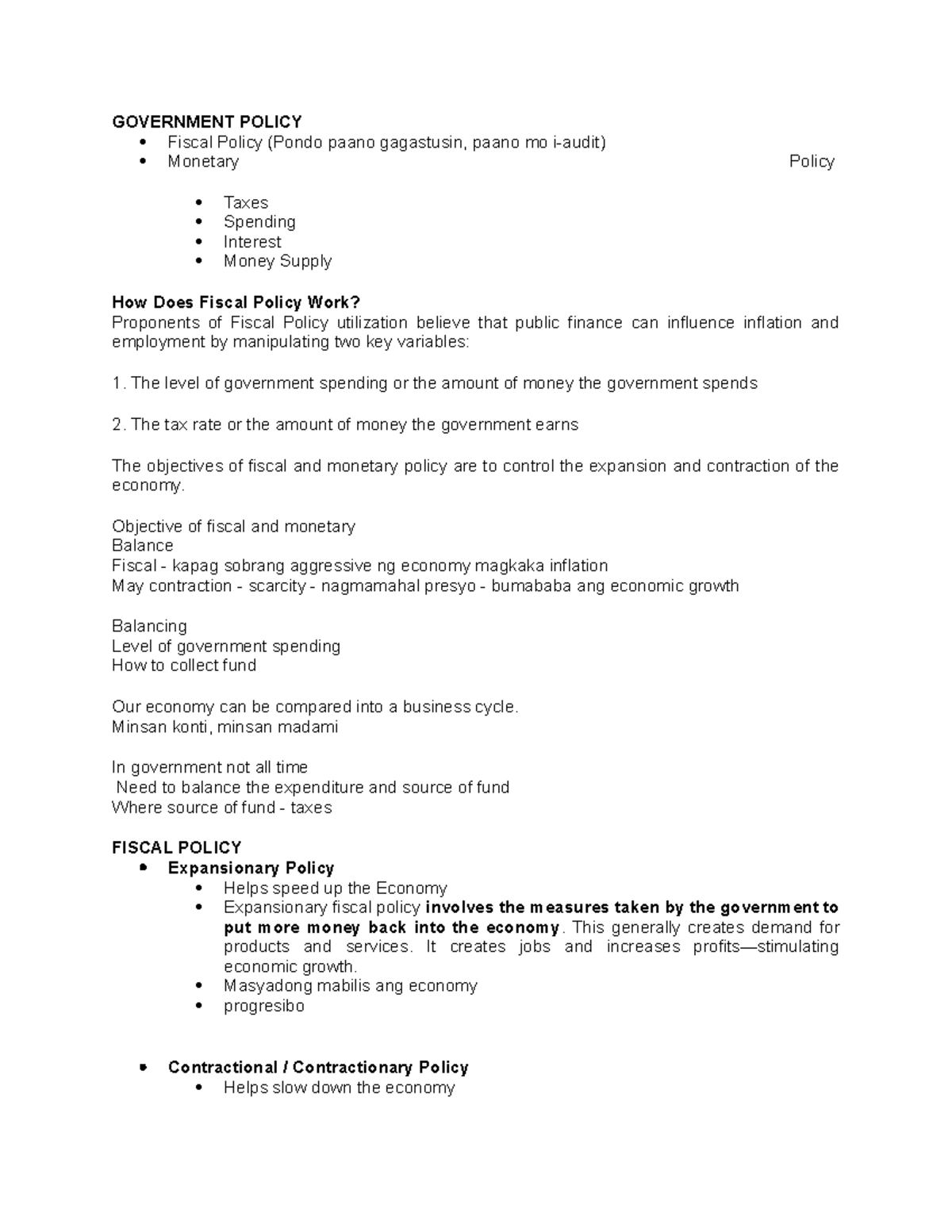 Public Finance ( Notes 2) - GOVERNMENT POLICY Fiscal Policy (Pondo ...