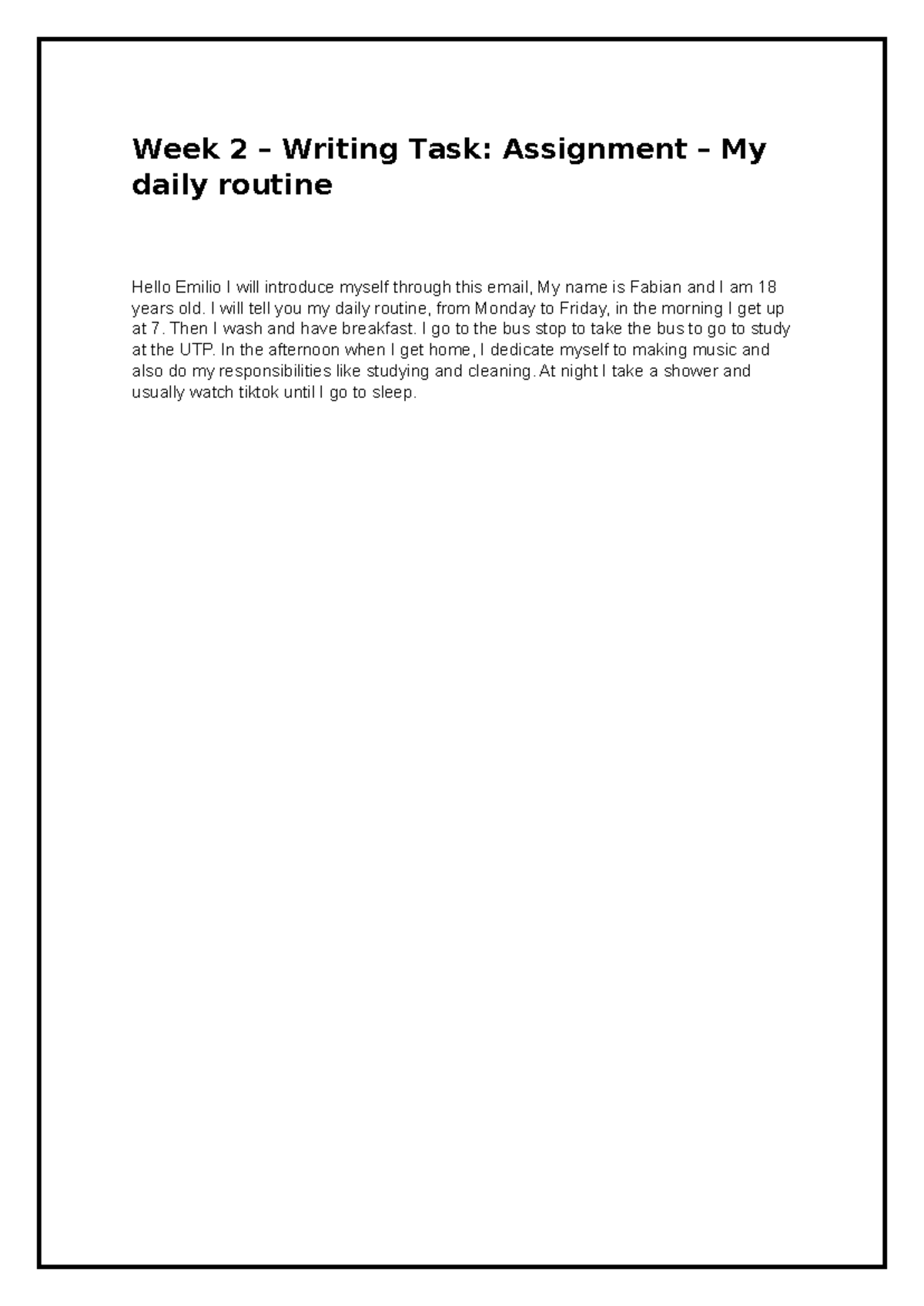 My daily routine - Week 2 – Writing Task: Assignment – My daily routine ...