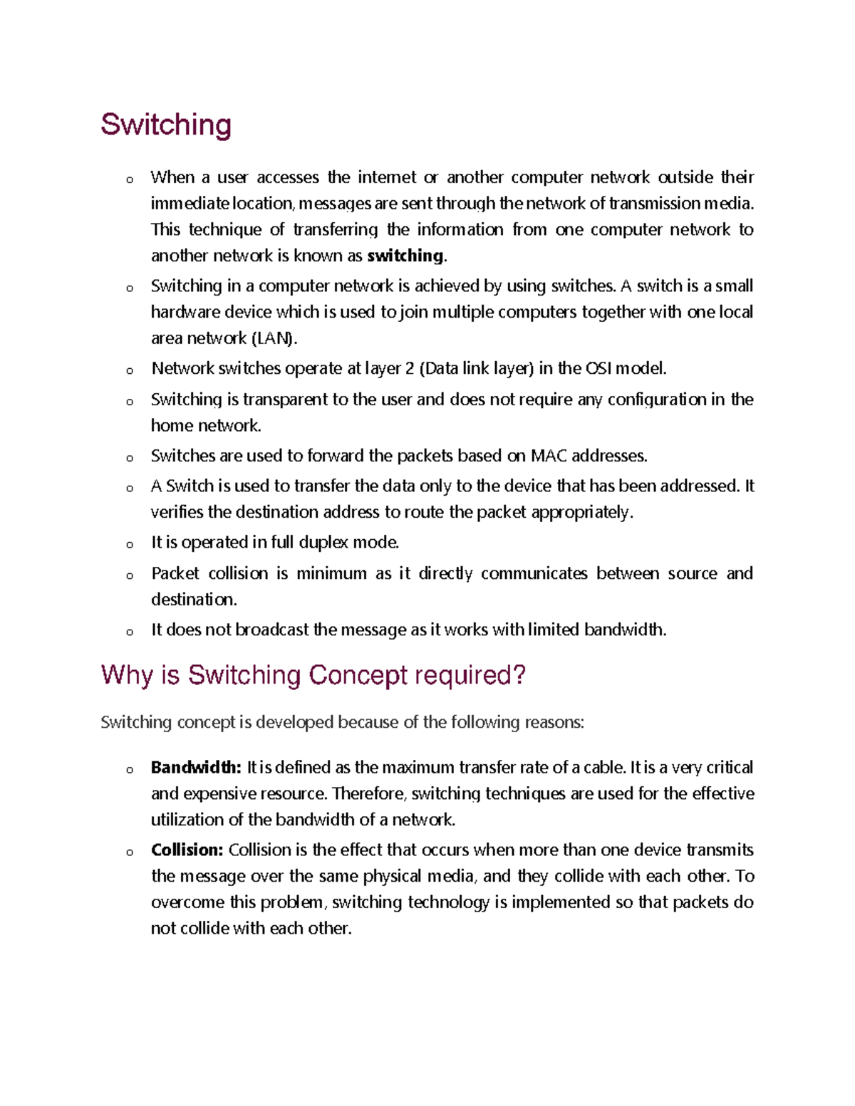 Switching - full notes - Switching o When a user accesses the internet ...