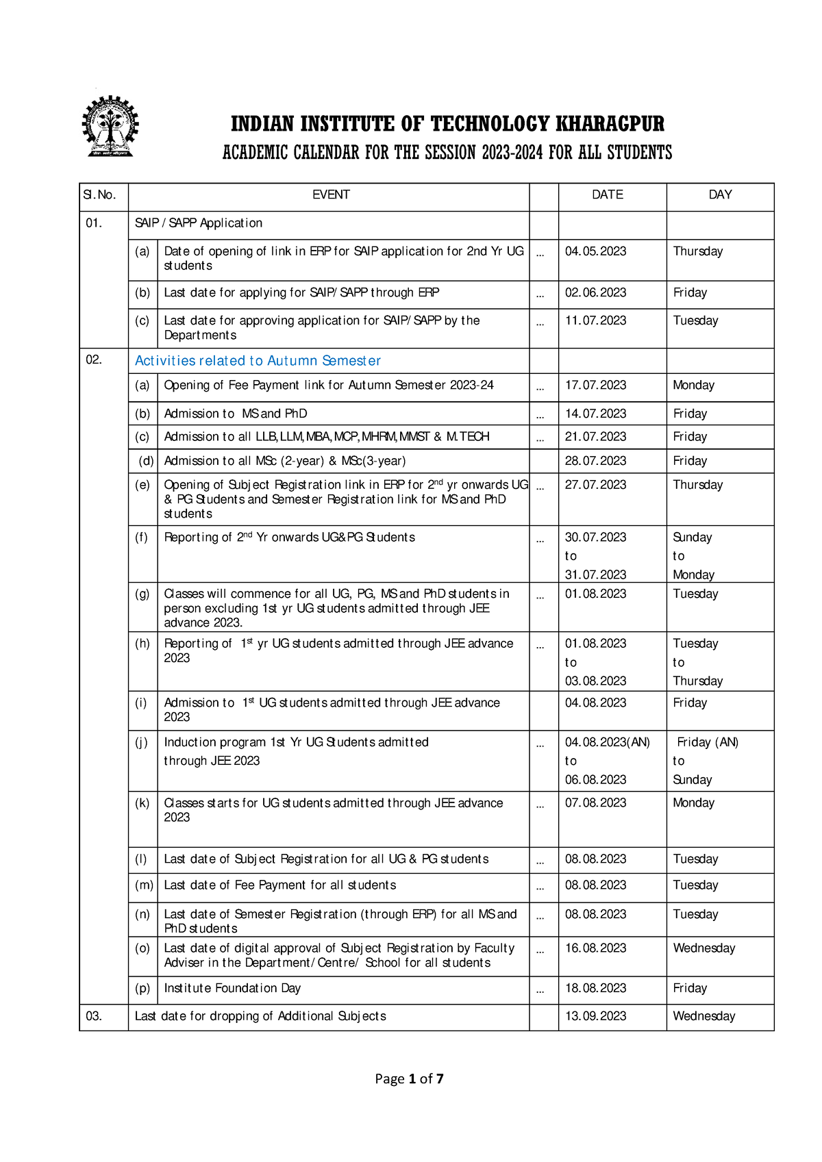 Academic Calendar 2023 24 INDIAN INSTITUTE OF TECHNOLOGY KHARAGPUR