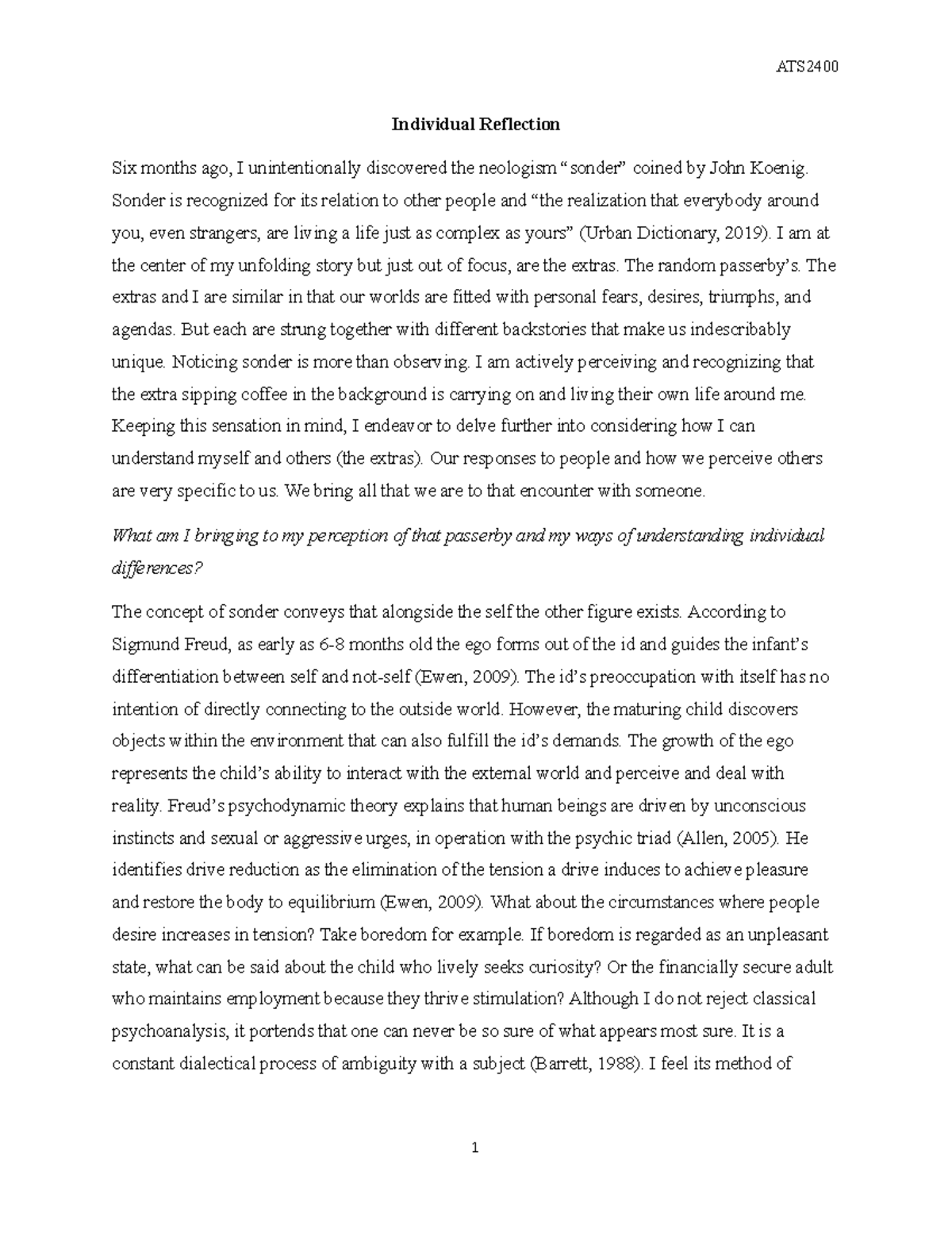 ATS2400 Individual Reflection: Understanding Sonder and Human Nature ...