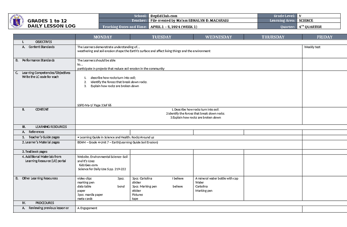 DLL Science 5 Q4 W1 - daily lesson log - GRADES 1 to 12 DAILY LESSON ...