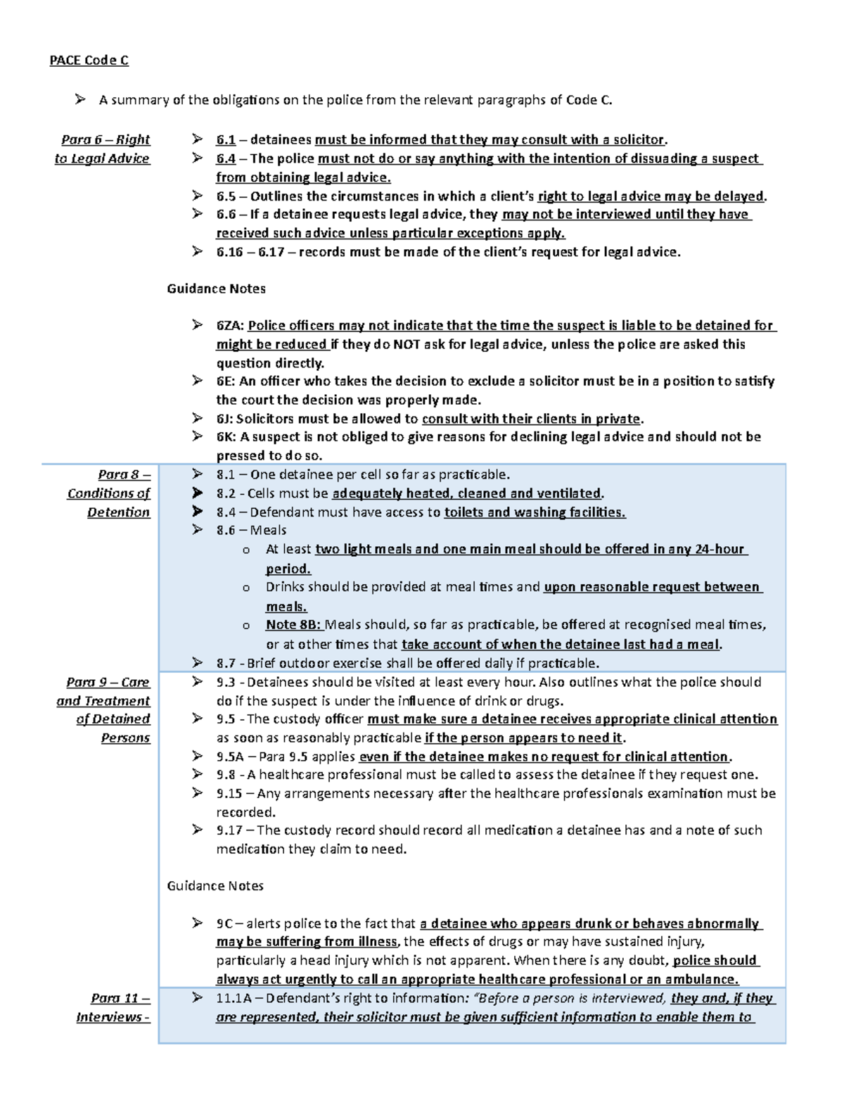 PACE Code C Criminal Disputes Law PACE Code C A summary of the obligations on the police