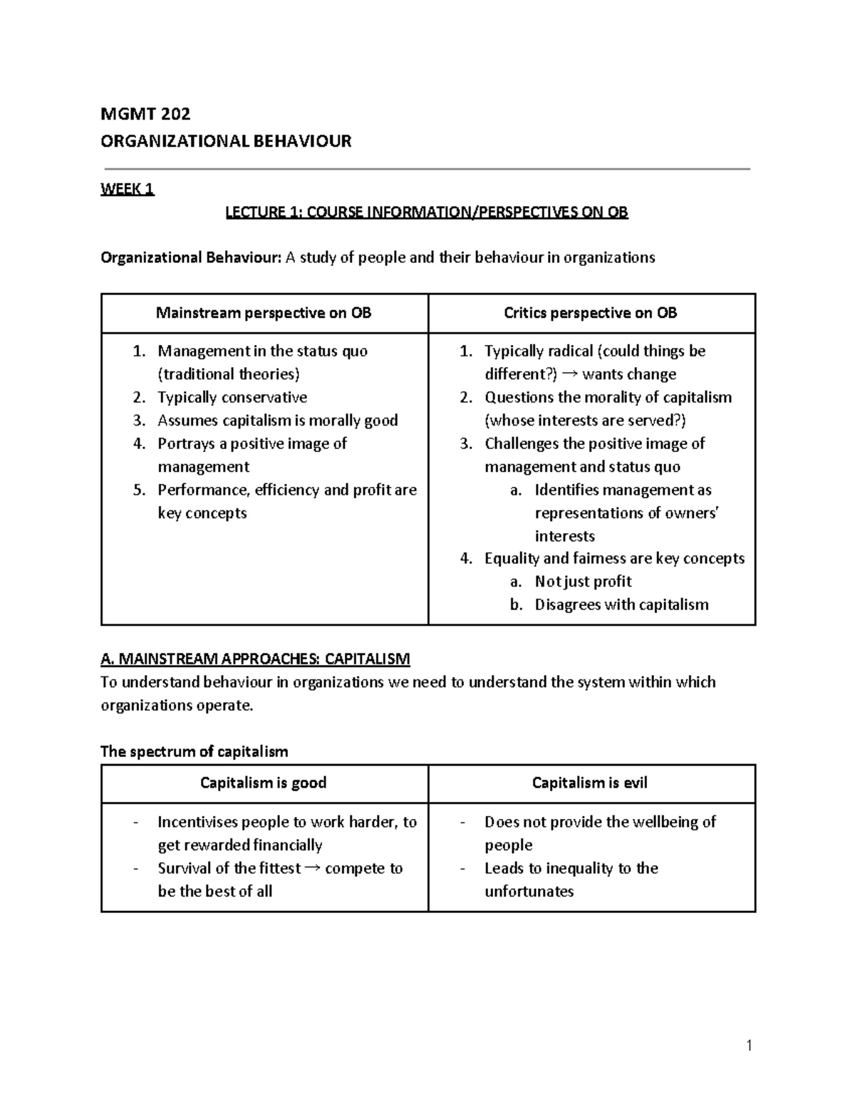 MGMT202 - Lecture Notes - MGMT 202 ORGANIZATIONAL BEHAVIOUR WEEK 1 ...