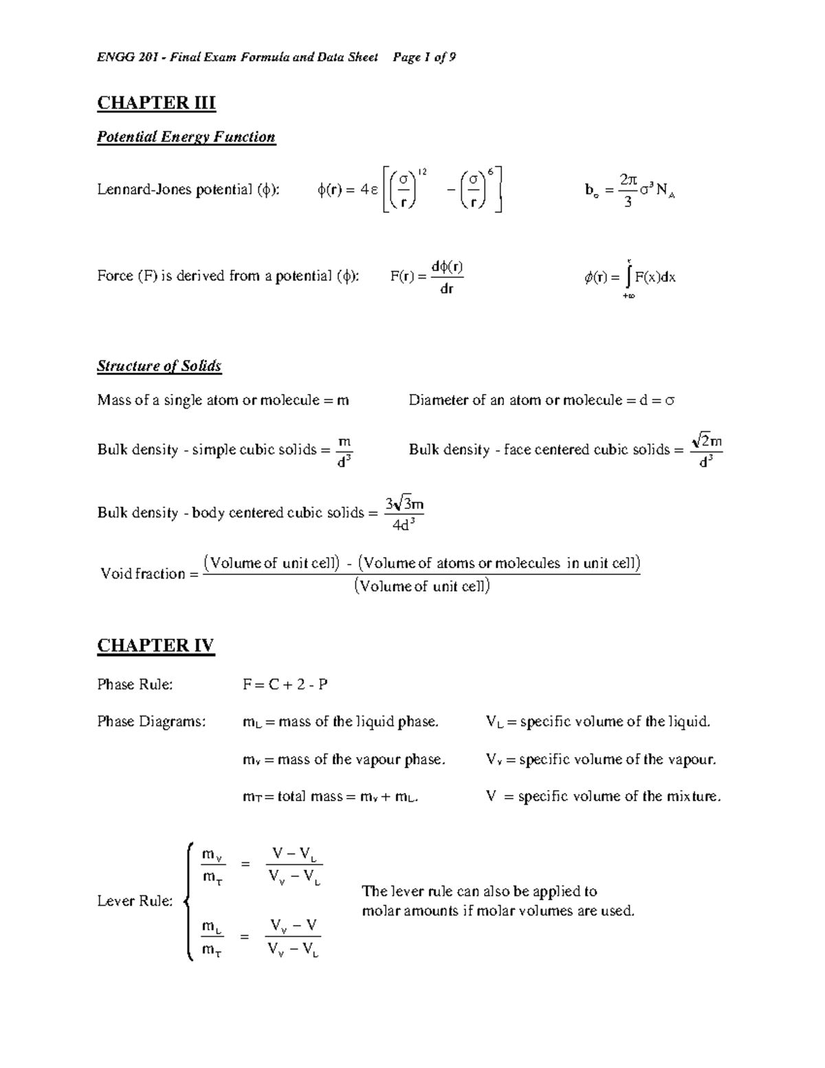 Engg 201 Fall 18 Draft Formula Sheet - ENGG 201 Final Exam Formula and ...