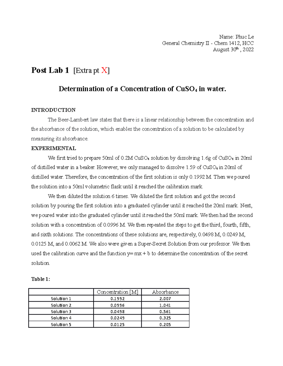 Experiment 1 Molarity, Dilutions, and Preparing Solutions CHEM 1412