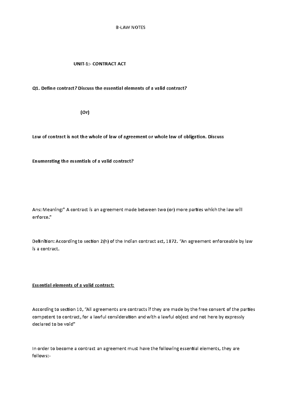 Business Law Unit-1 & 2 Notes - B-LAW NOTES UNIT-1:- CONTRACT ACT Q1 ...