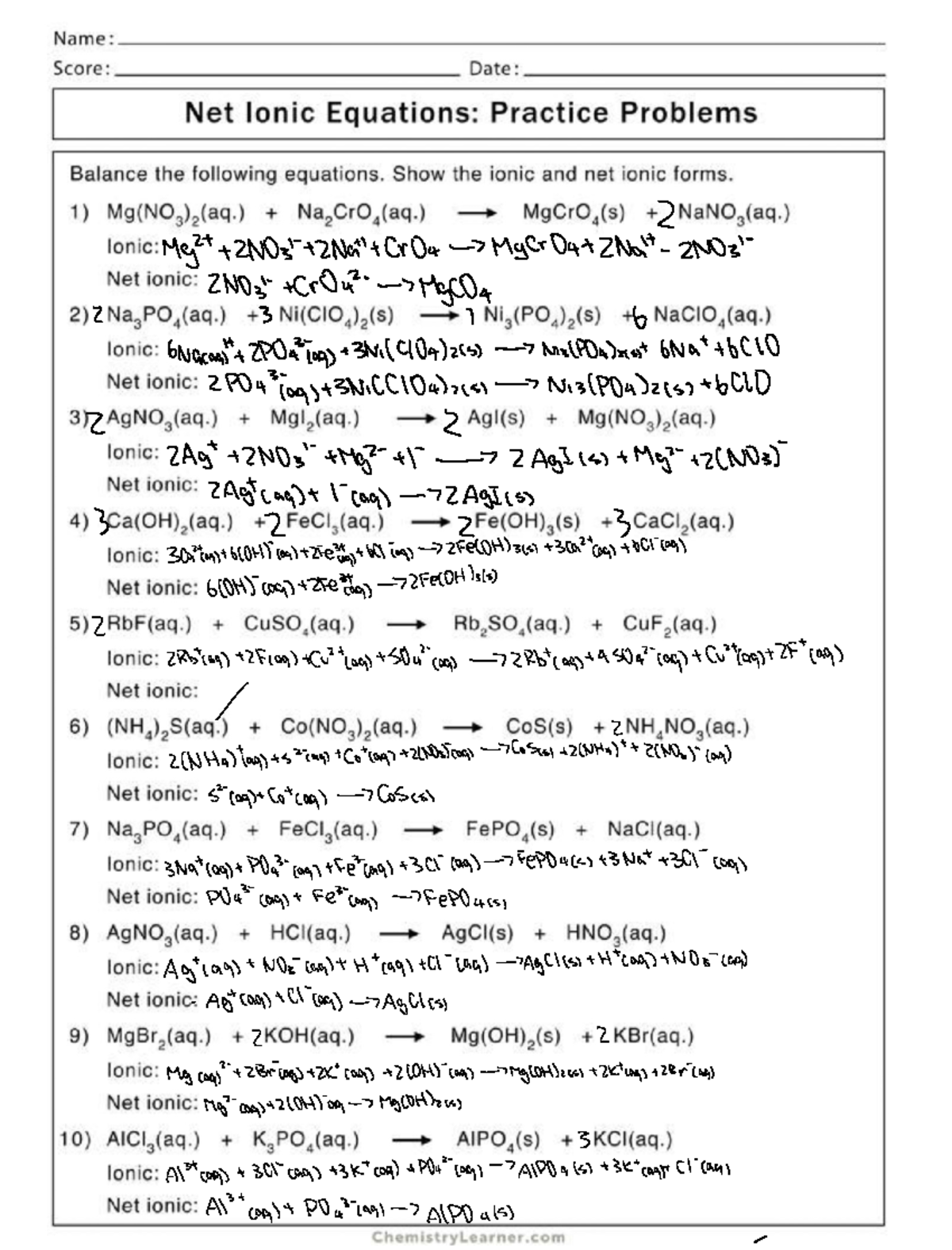 Net Ionic Equations Practice Problems - 2 Mg 2H 2 Nat'tCrow Myer 04 2 ...