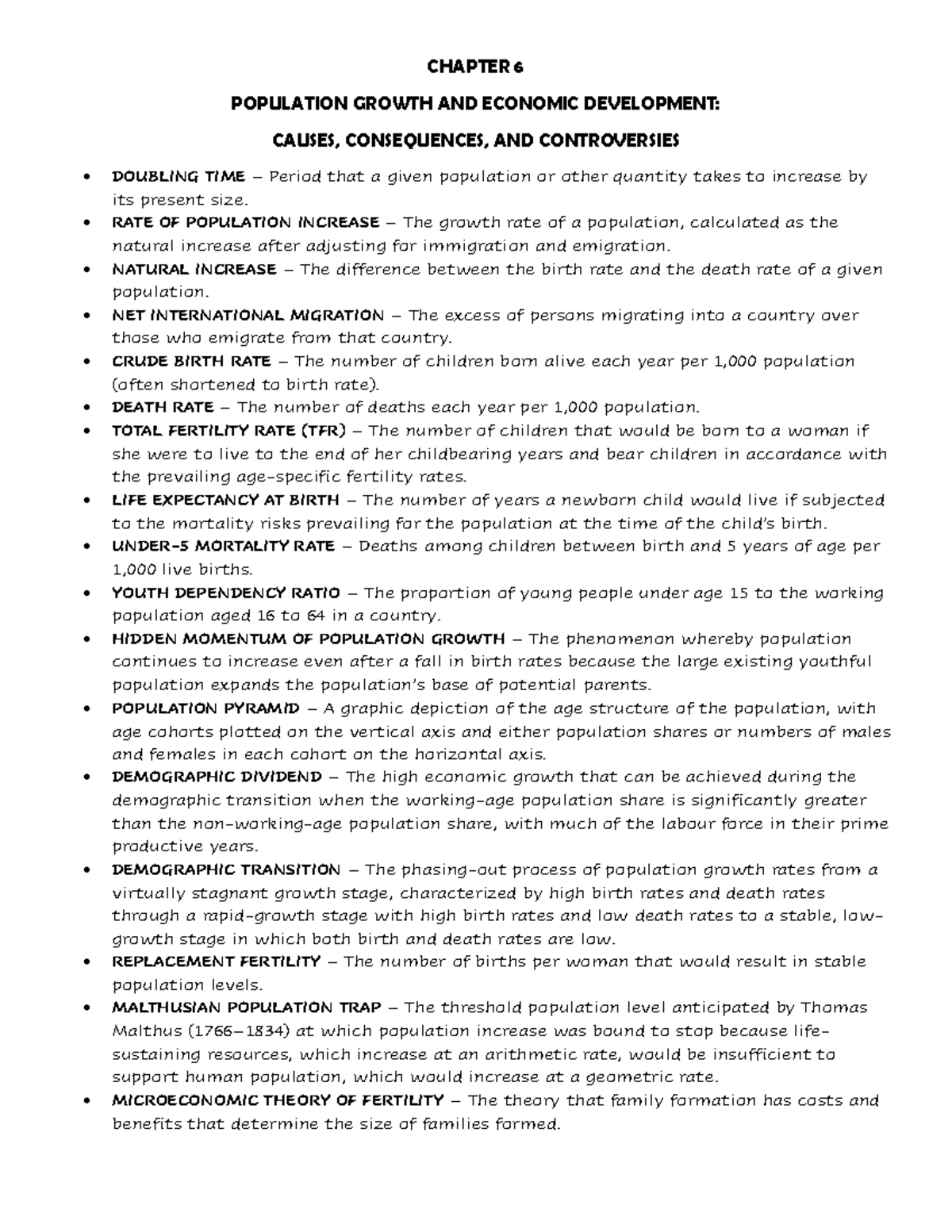 Econ Dev Summary Of Terms - CHAPTER 6 POPULATION GROWTH AND ECONOMIC ...