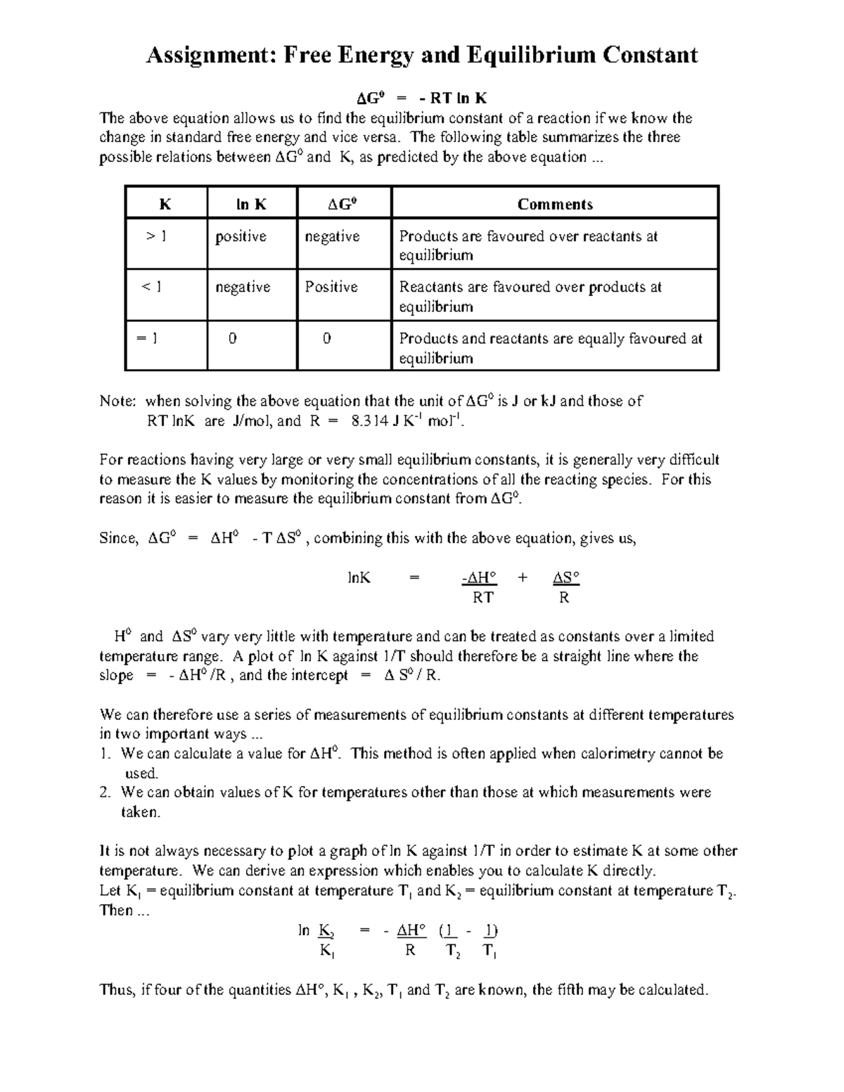 Free energy and equilibrium constant - - Studocu