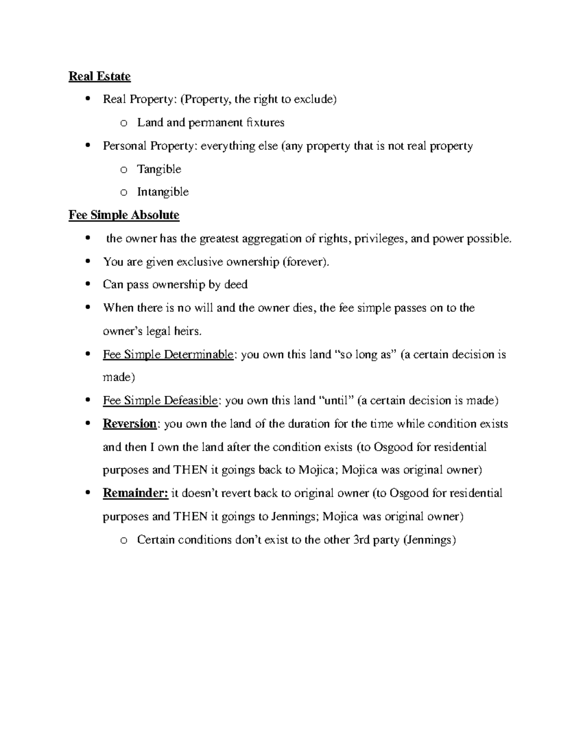 Law test 3 notes Real Estate Real Property (Property, the right to