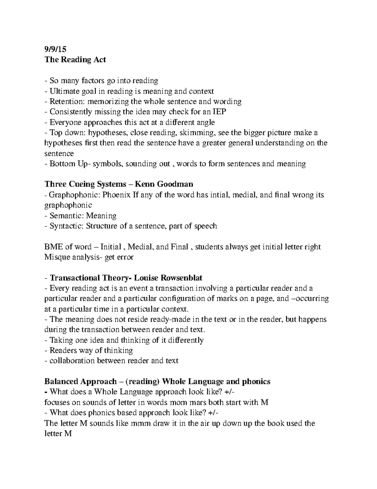 Edu 1041 - Lecture notes all - 9/9/ The Reading Act So many factors go ...