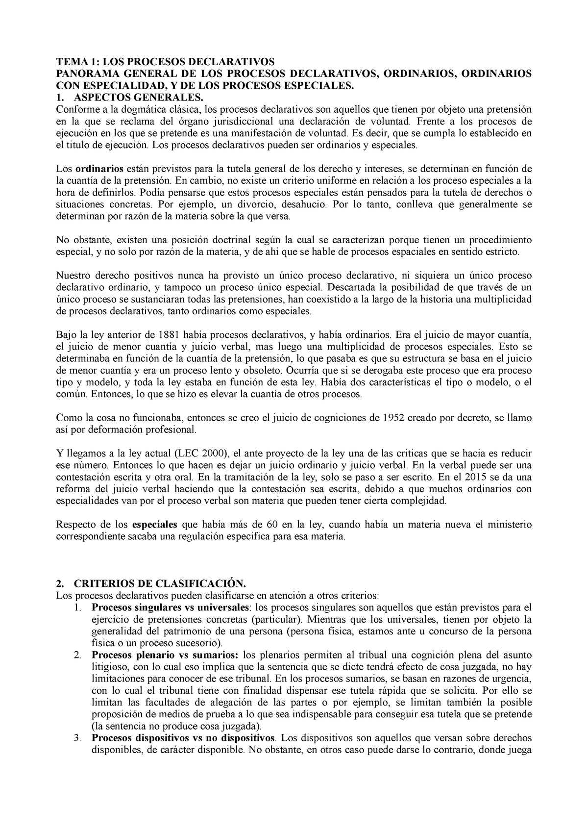 Temas 1 Y 2 De Derecho Procesal Civil Tema 1 Los Procesos Declarativos Panorama General De 6281