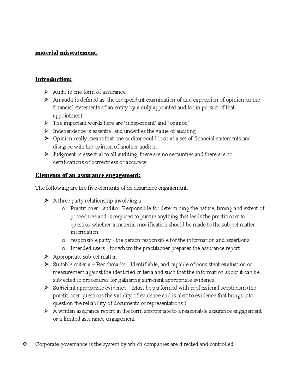 Auditing notes - material misstatement. Introduction: Audit is one form ...