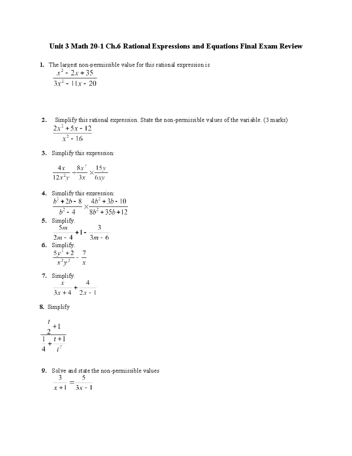 3-Ch - Math 120 - Unit 3 Math 20-1 Ch Rational Expressions and ...