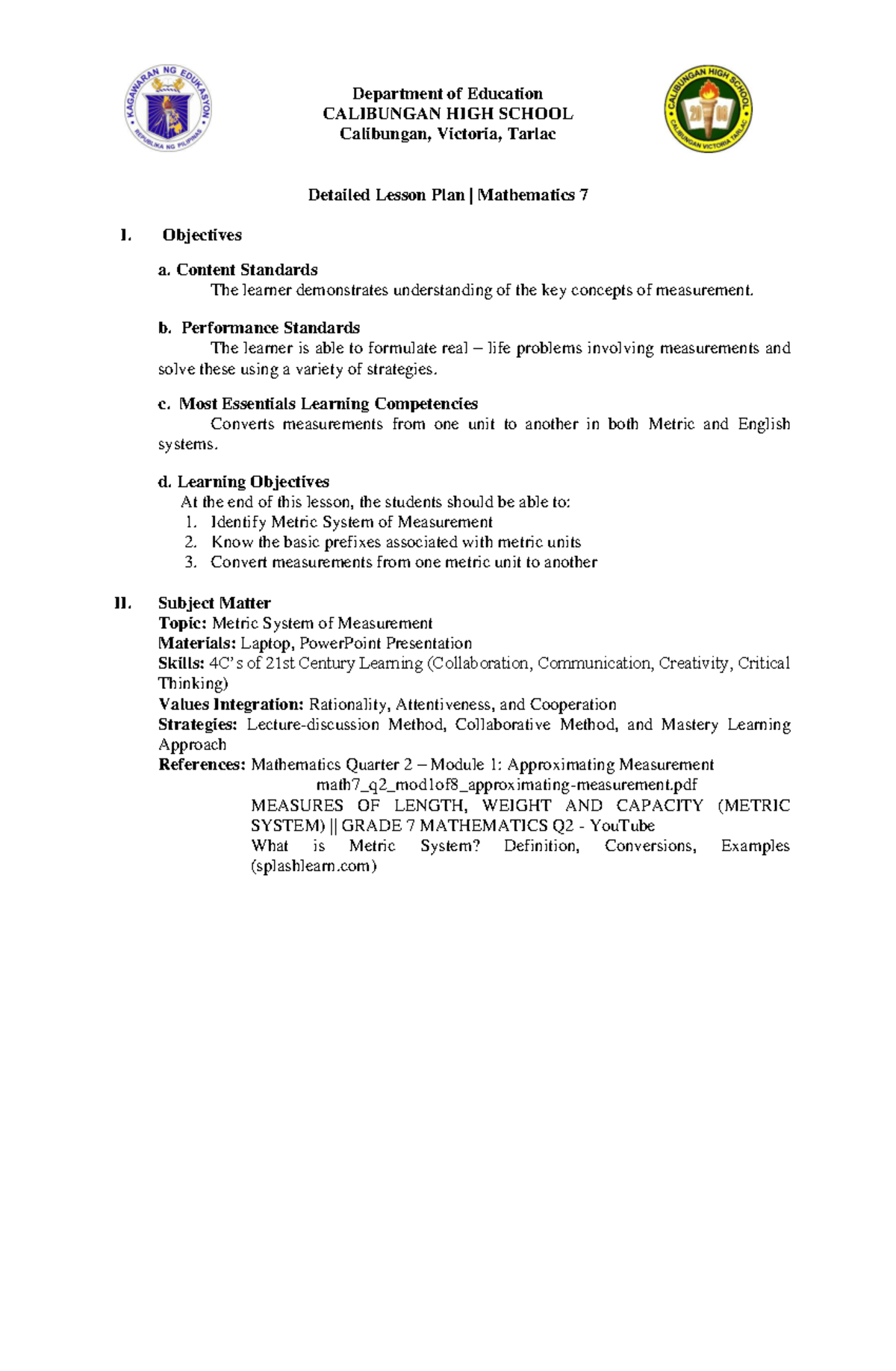 Lesson Plan LE 6 - Measurement DLP Grade 7 - Department of Education ...