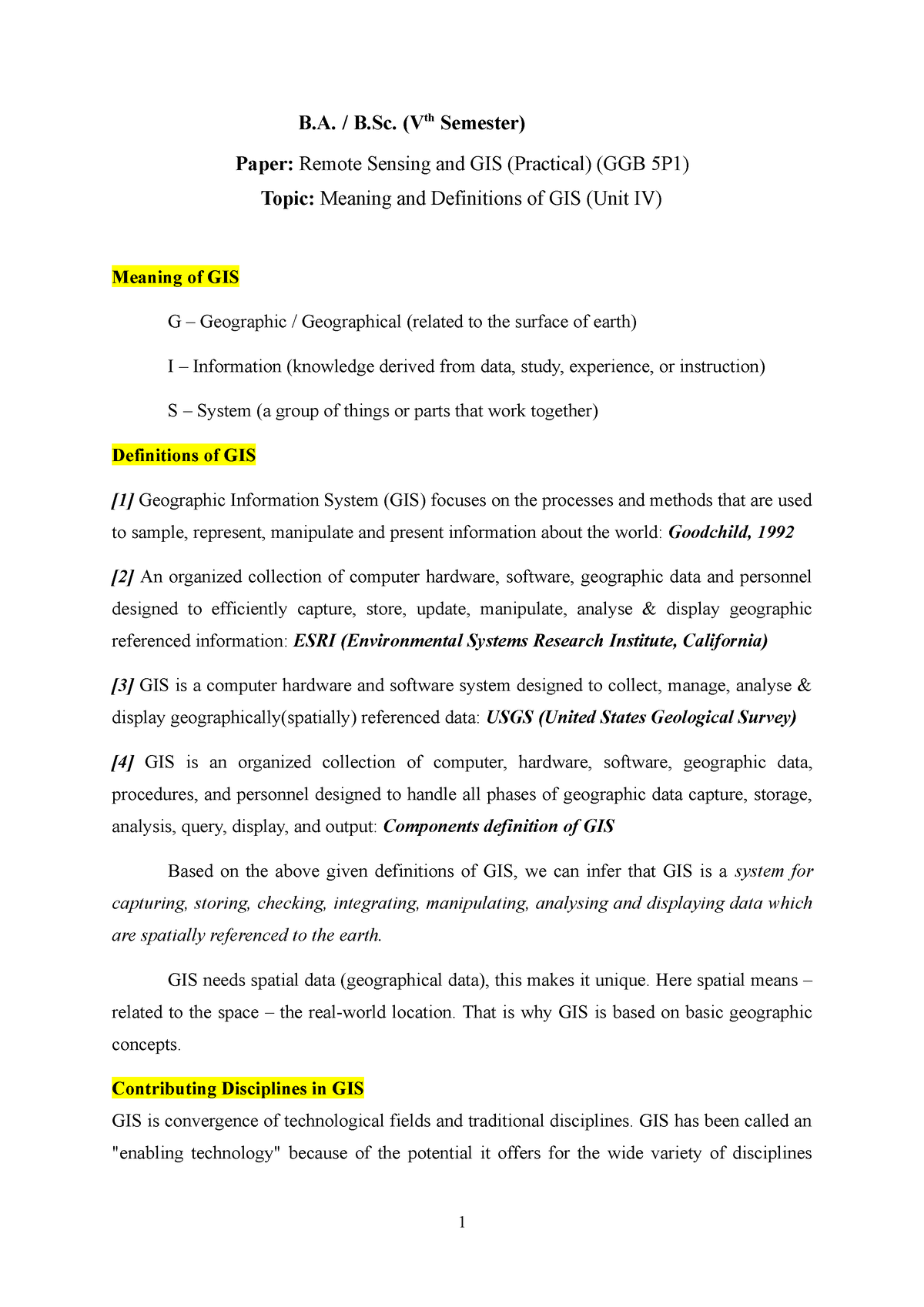 1 Meaning And Definitions Of GIS - B. / B. (Vth Semester) Paper: Remote ...