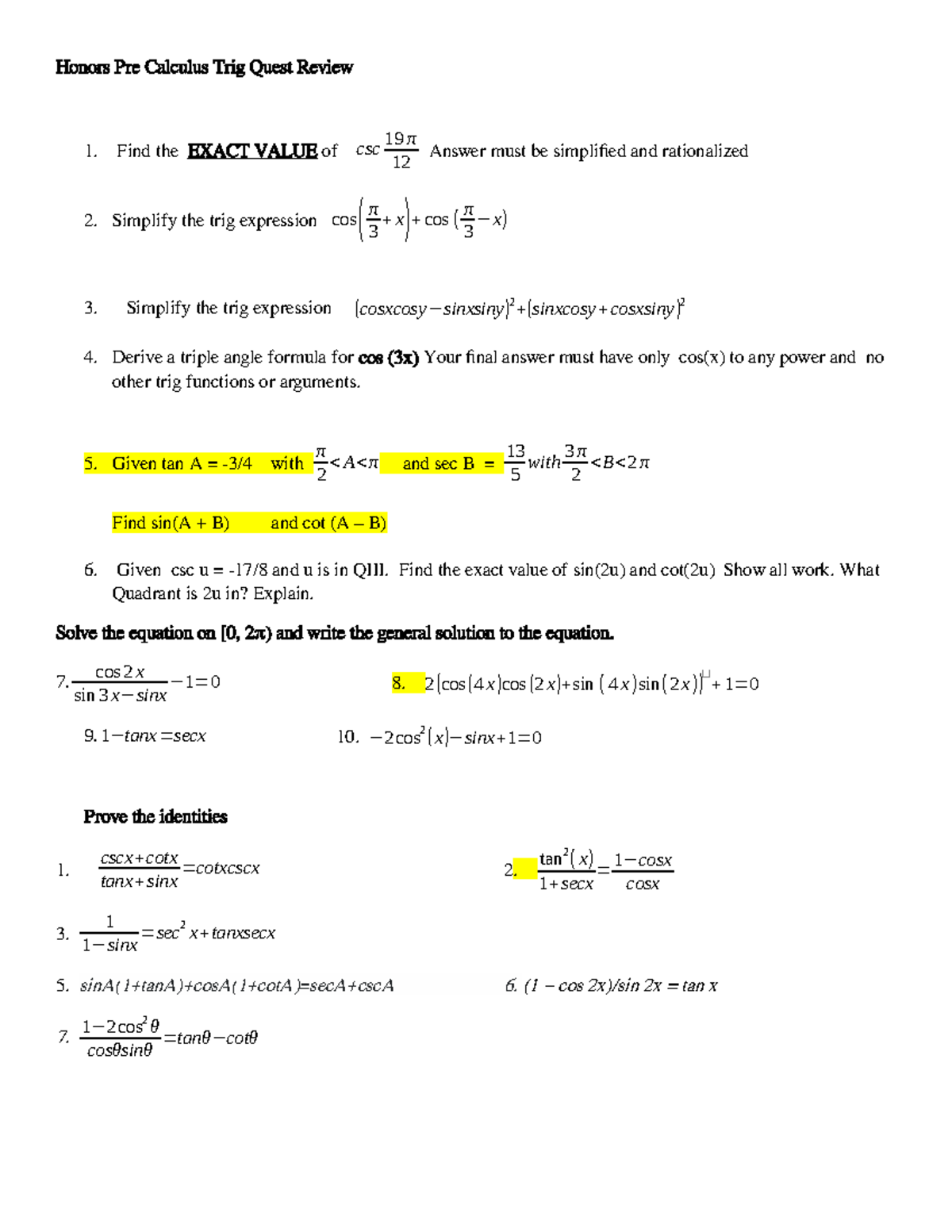 Trig Identities Quiz Review 2024 Honors Pre Calculus Trig Quest