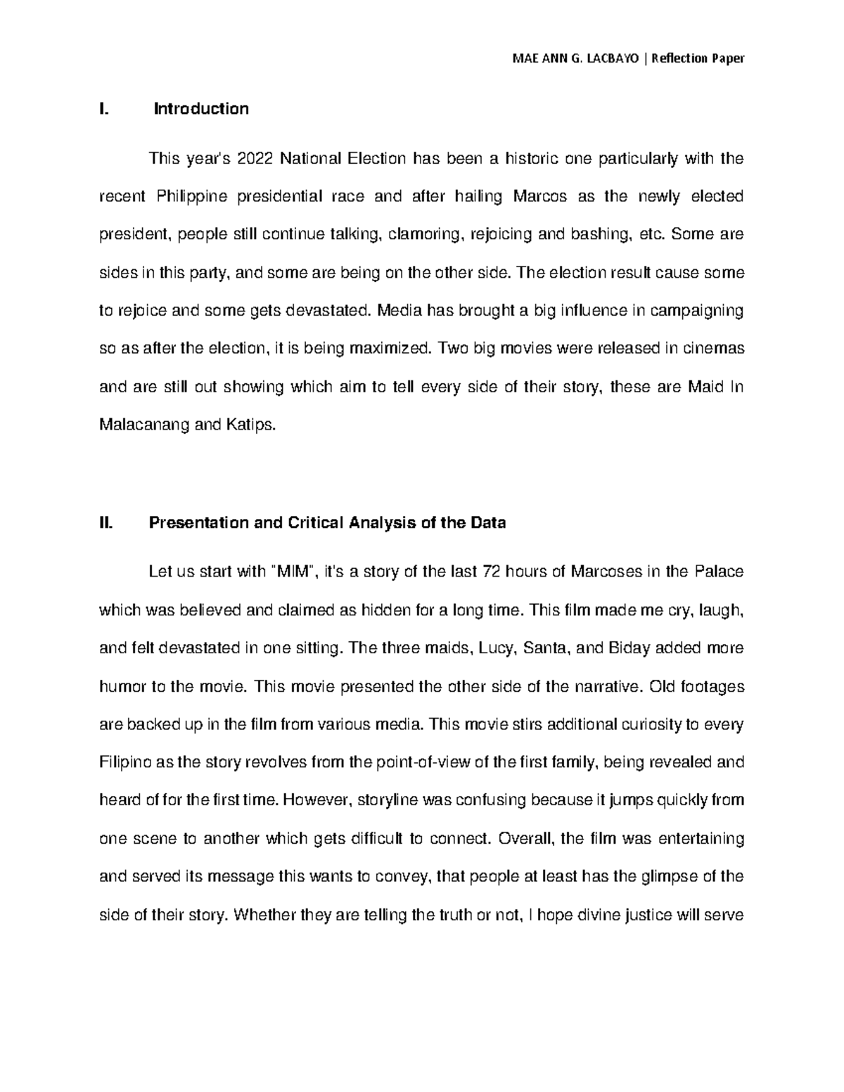 Reflection Paper 1 - Matss - MAE ANN G. LACBAYO | Reflection Paper I ...