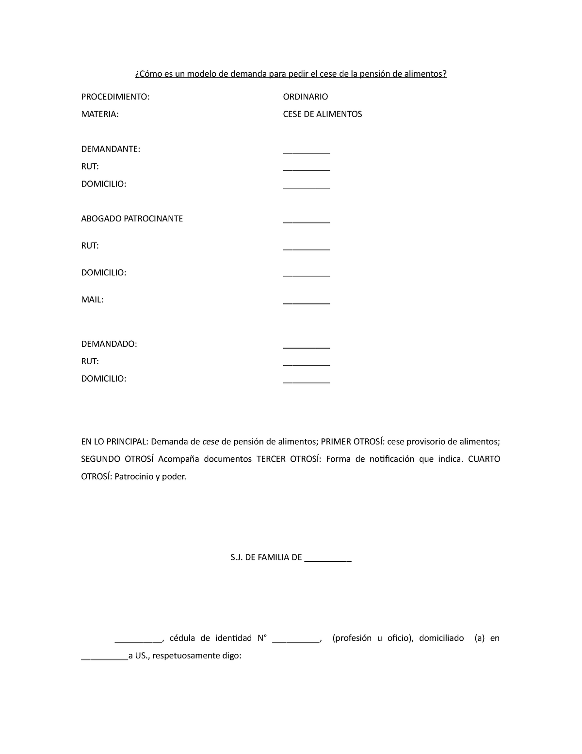 Demanda de cese para solicitar la extinción de la pensión de alimentos. -  ¿Cómo es un modelo de - Studocu