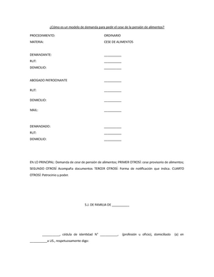 Demanda de cese para solicitar la extinción de la pensión de alimentos. -  ¿Cómo es un modelo de - Studocu