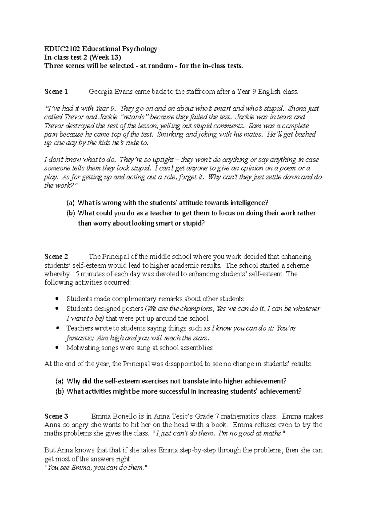 Scenarios 2 - EDUC2102 Educational Psychology test 2 (Week 13) Three ...