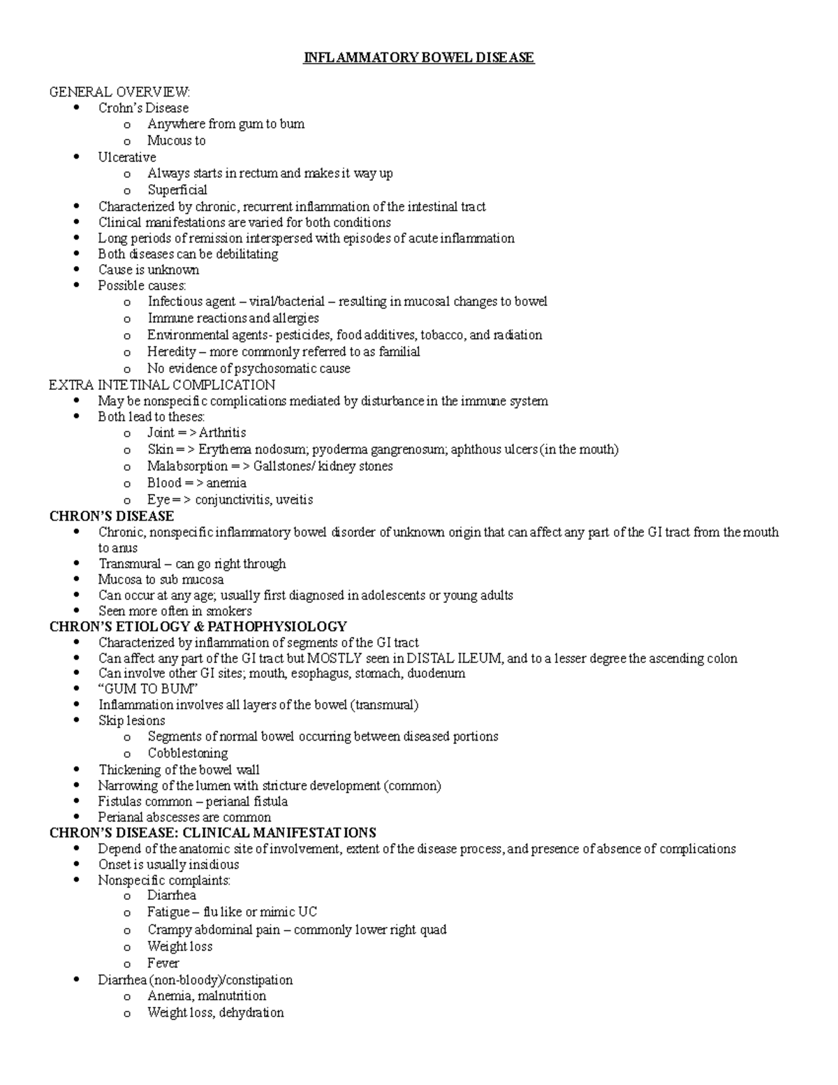 Notes - Healing TEST 1 - INFLAMMATORY BOWEL DISEASE GENERAL OVERVIEW ...