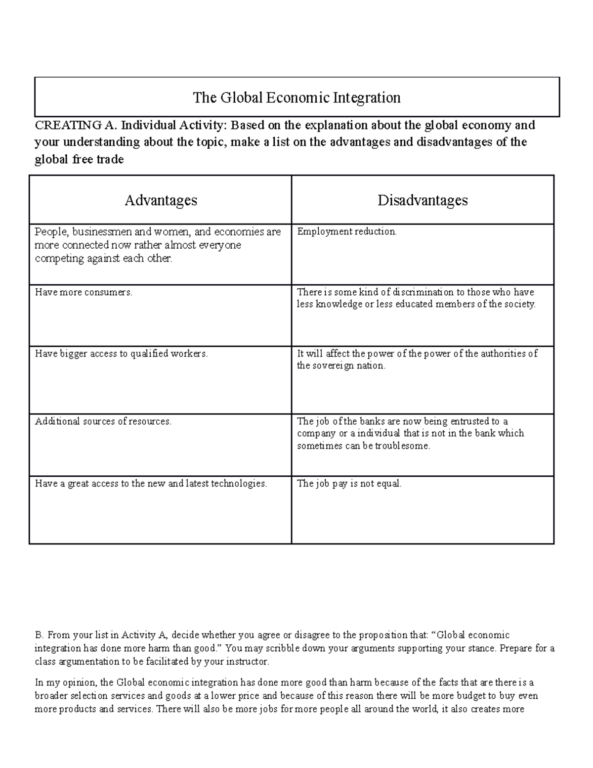 global economic integration essay brainly