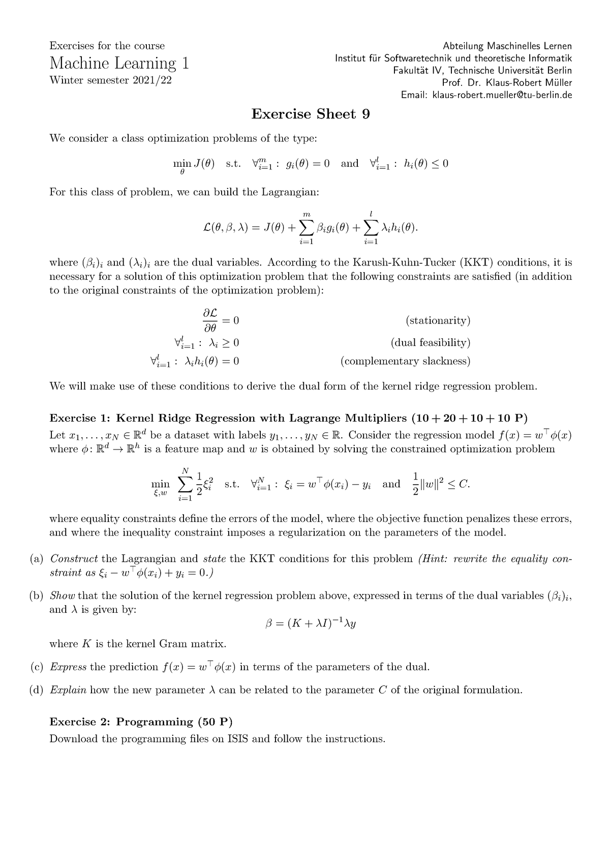 Sheet 09 exercise 9 machine learning1 - Exercises for the course ...