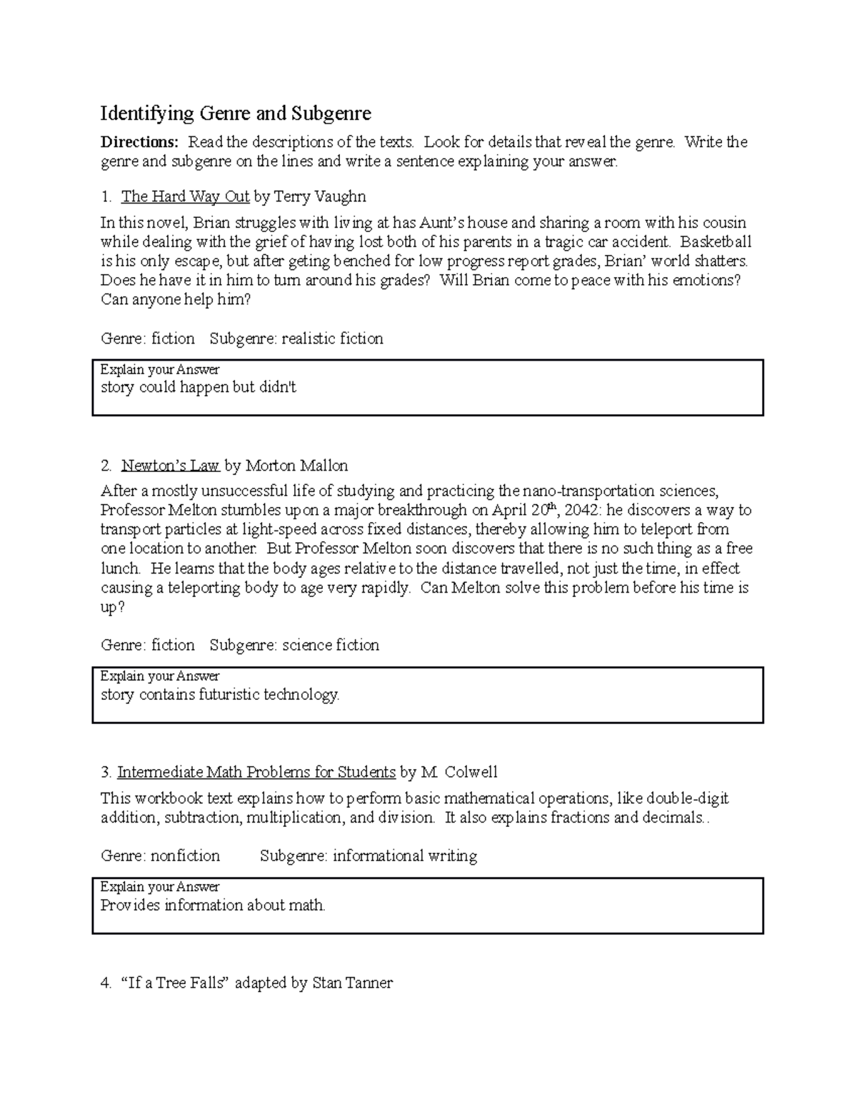 Genre Worksheet Answer Key 1u2ews0 - Identifying Genre and Subgenre  Directions: Read the - Studocu